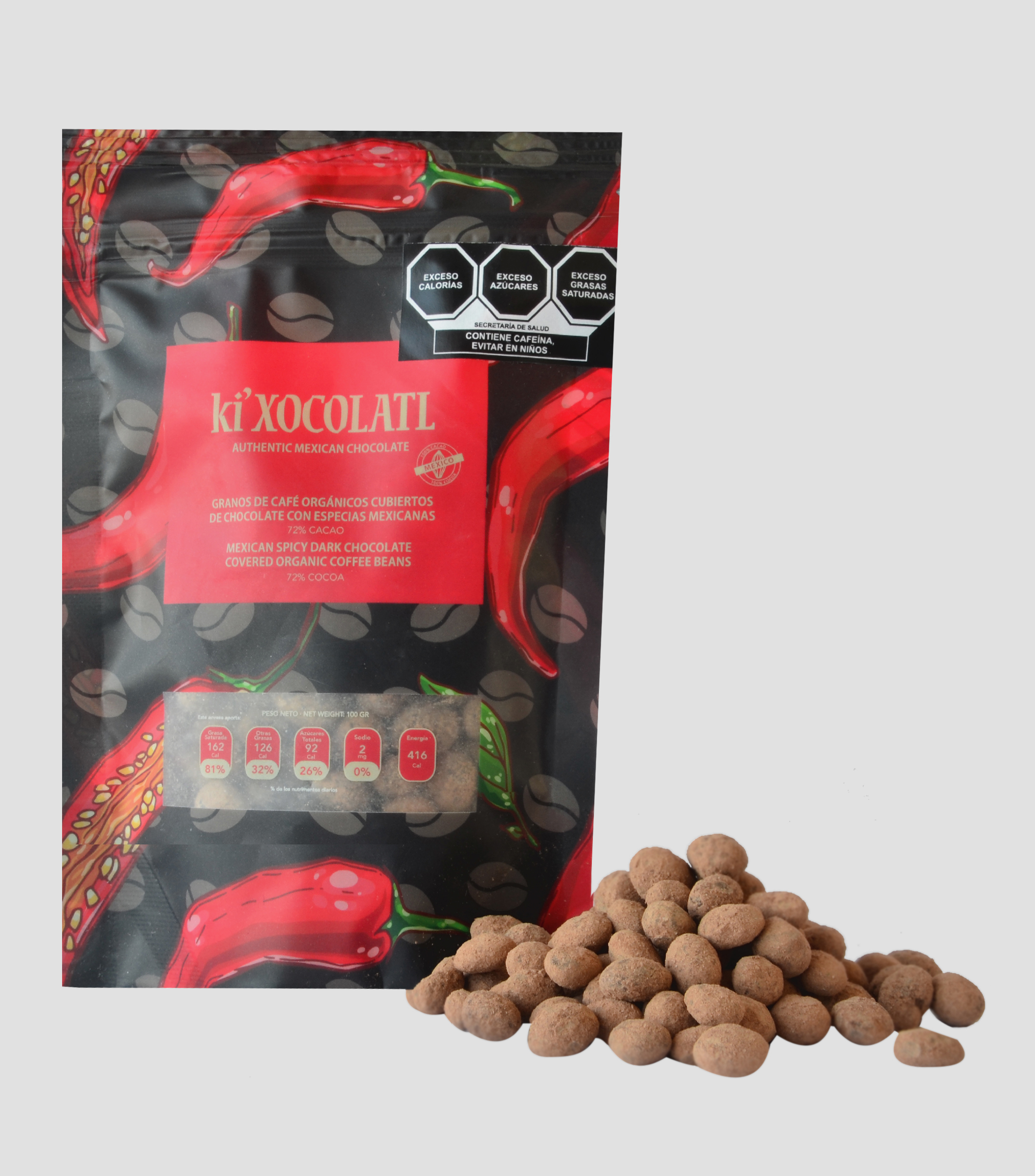 Granos de café orgánicos cubiertos chocolate, 100 g