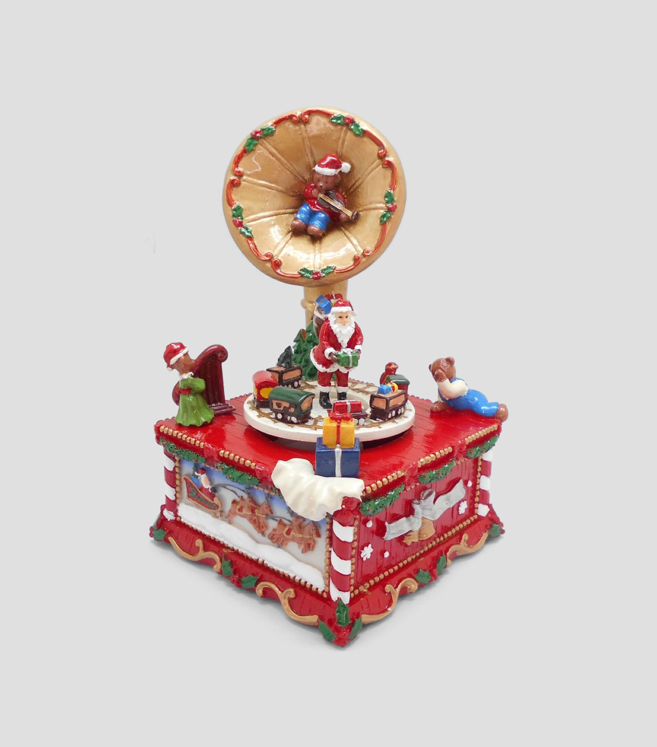 Figura Decorativa Navideña Fonógrafo Musical con cuerda en Poliresina