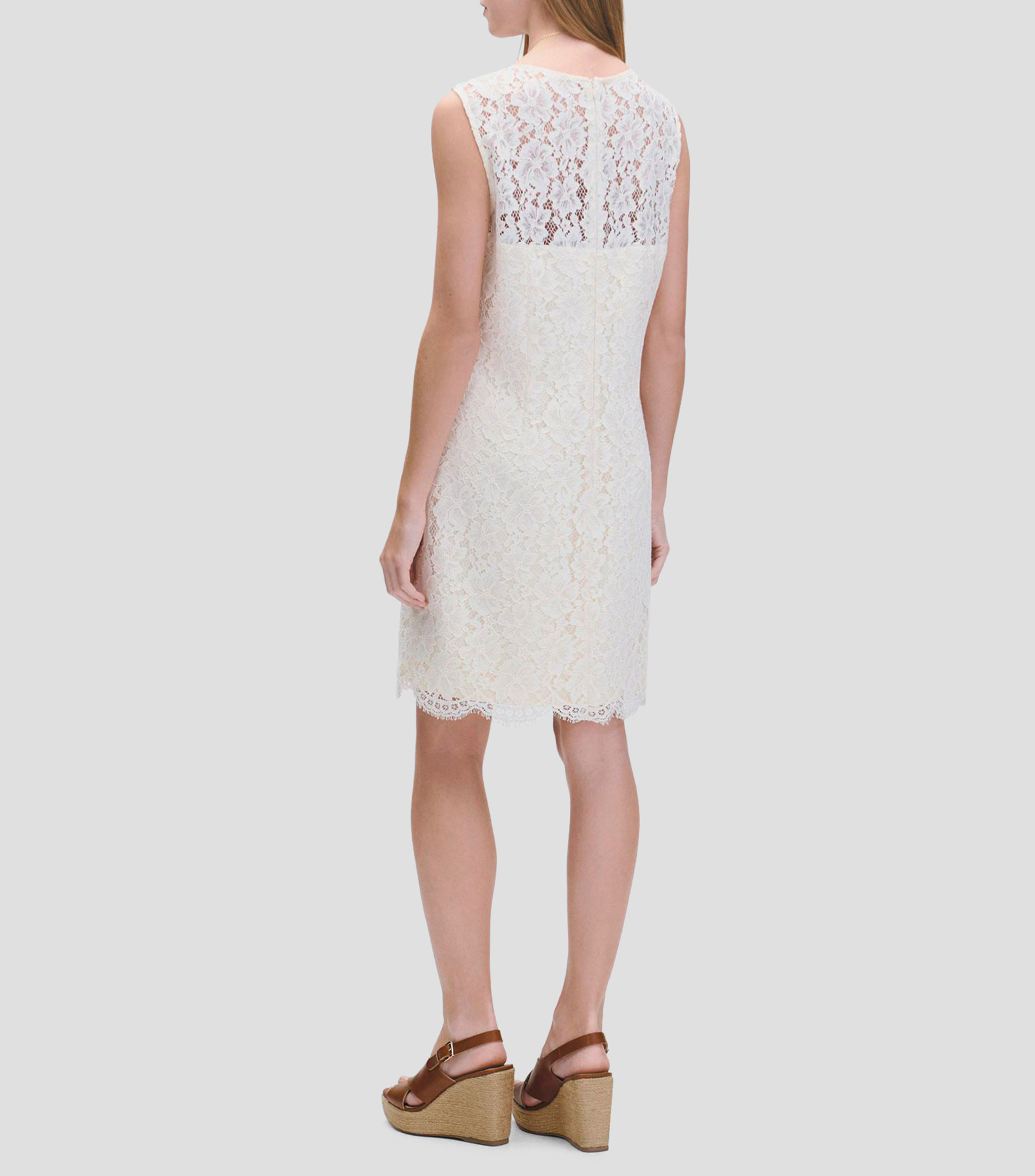 Vestido silueta h encaje de punto floral escote redondo Mujer