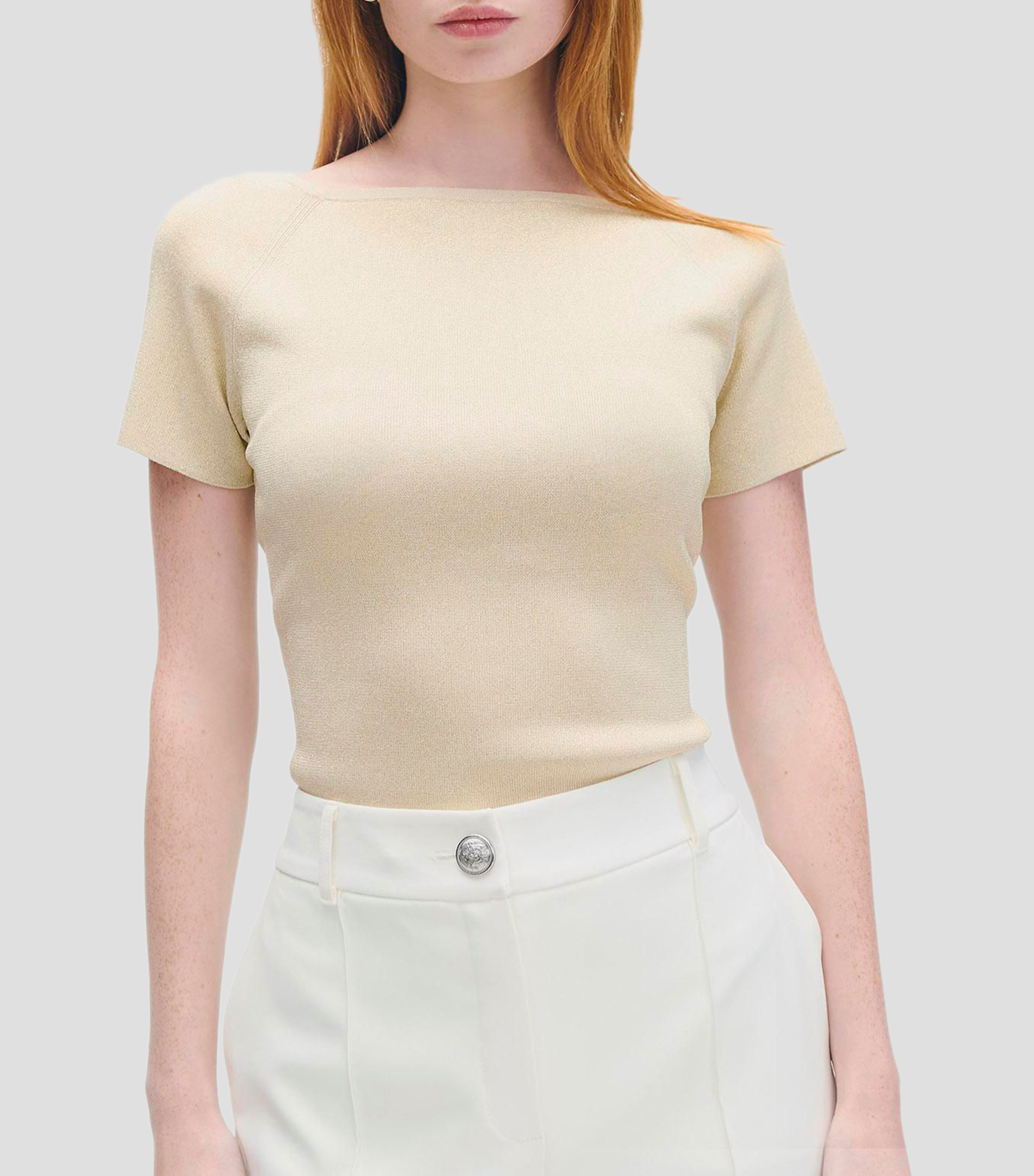 Blusa tejido de punto con lúrex escote barco Mujer