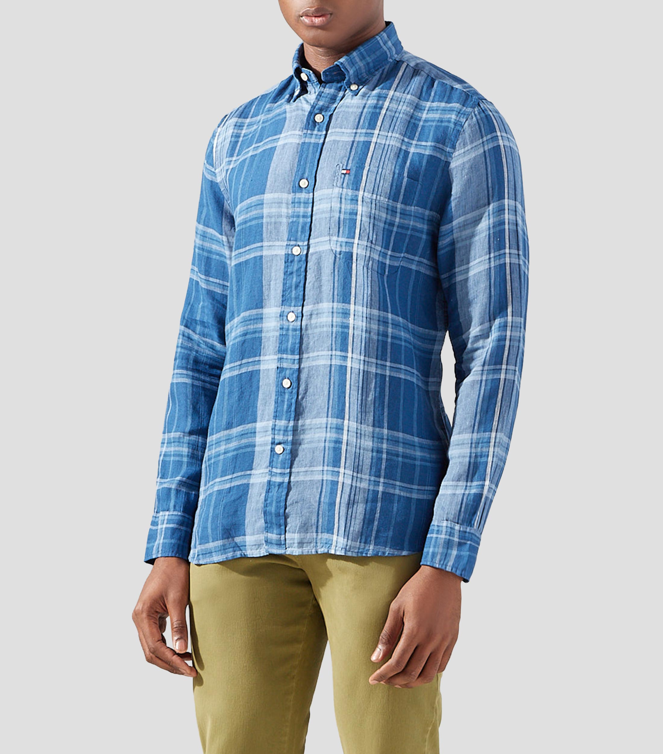 Camisa con cuadros de lino manga larga Hombre