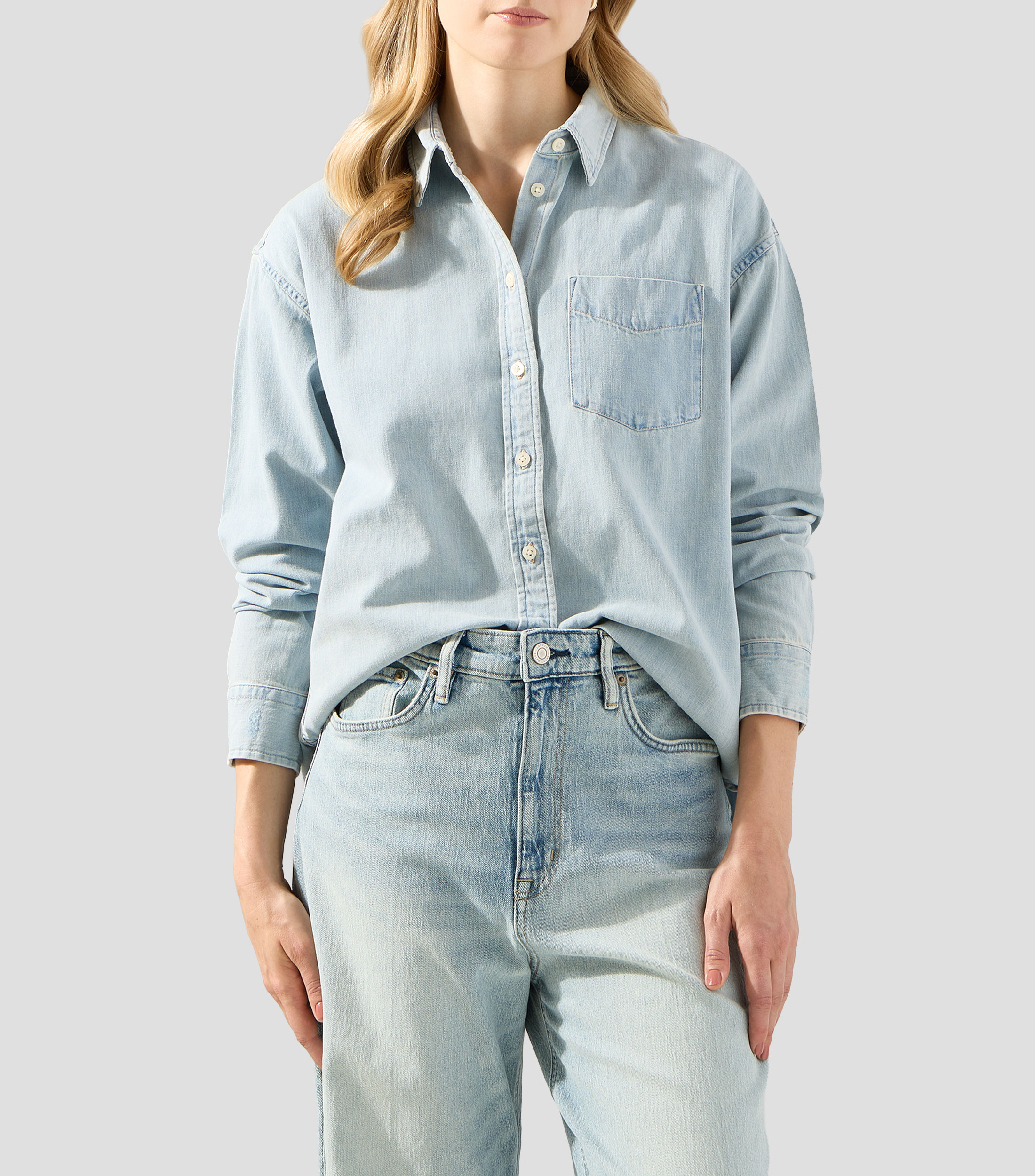 Camisa liso en mezclilla manga larga Mujer