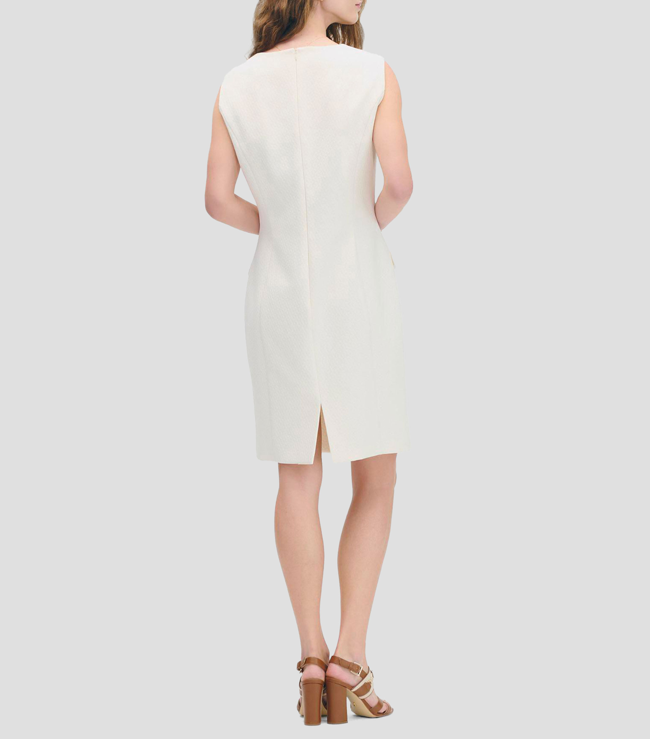 Vestido de jacquard natural silueta H escote cuadrado Mujer
