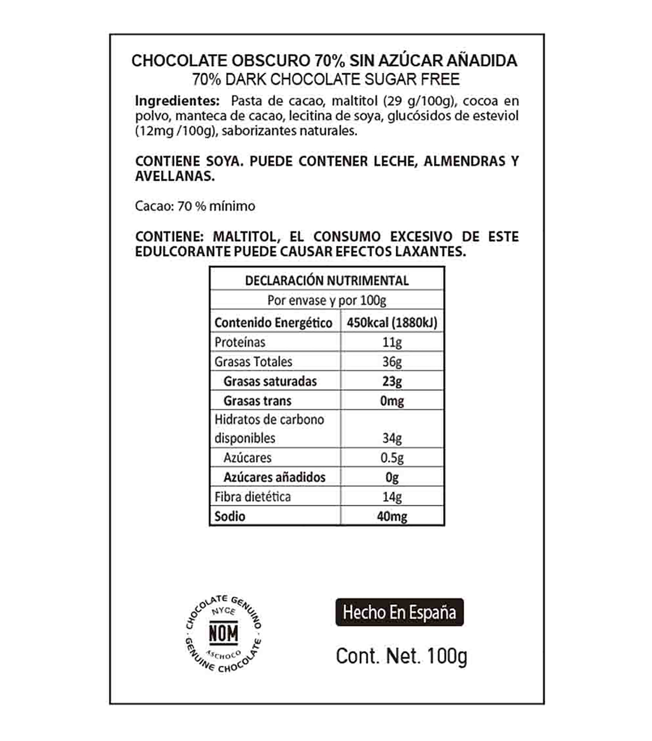 Chocolate Amargo 70 Amargo Puro sin Azucar, 100 g