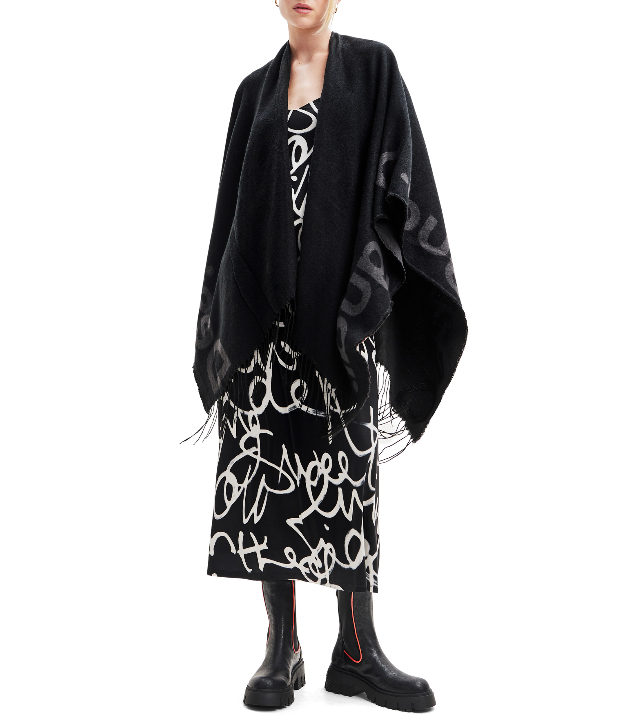 Desigual Poncho Aladin Milan Per Donna – Nero 2000, Morbido In Poliestere Con Ricami Etnici E Cappuccio - 3