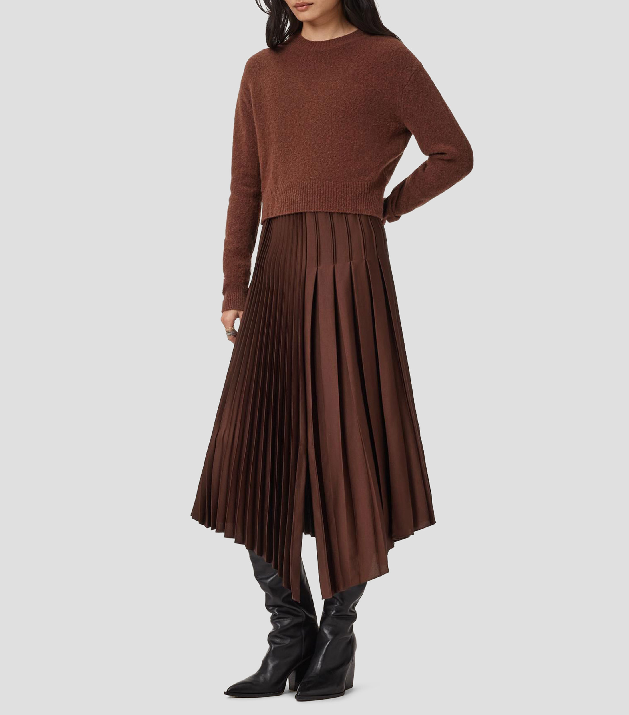 Vestido midi manga larga liso Mujer