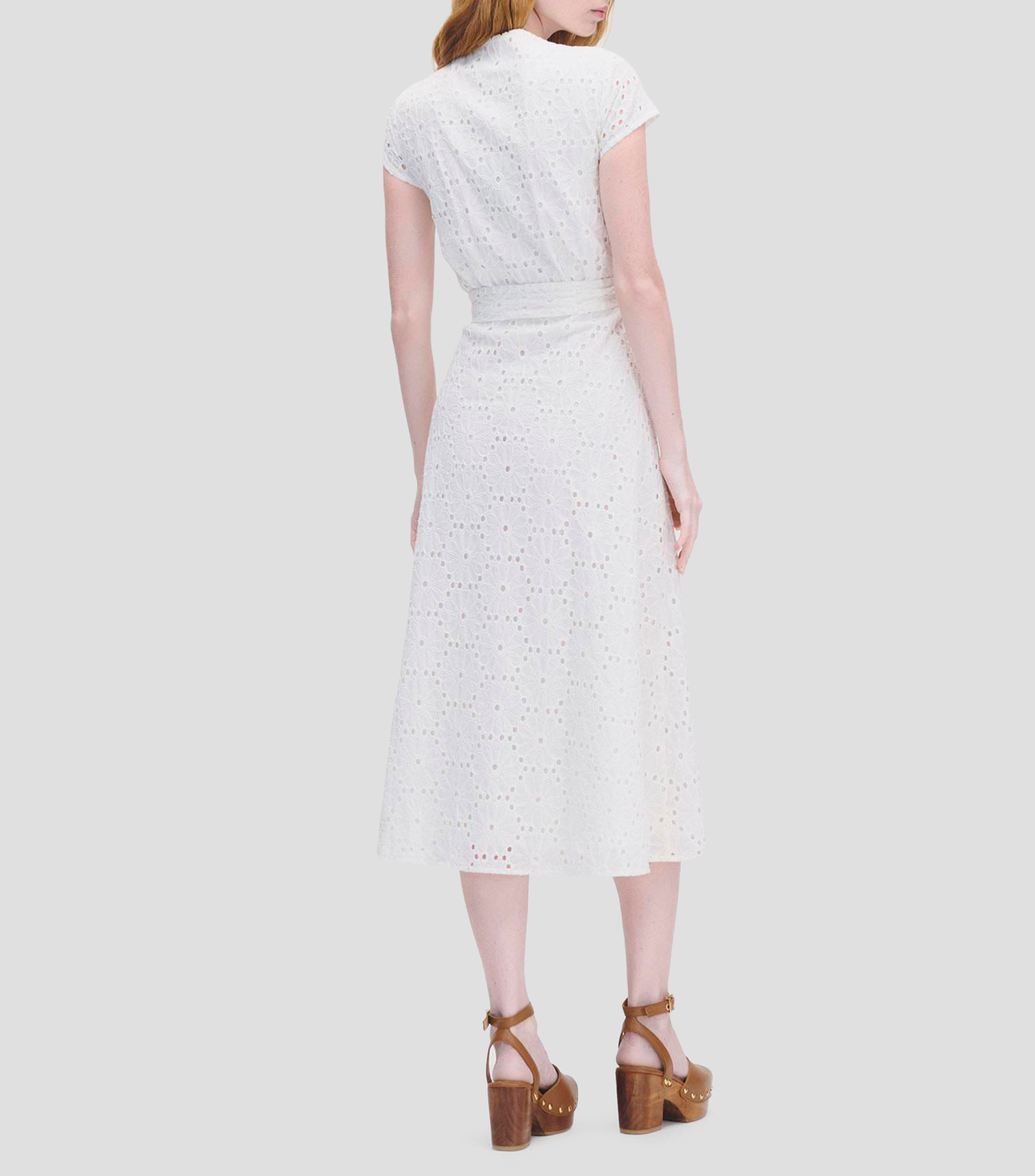 Vestido midi envolvente bordado floral con amarre Mujer