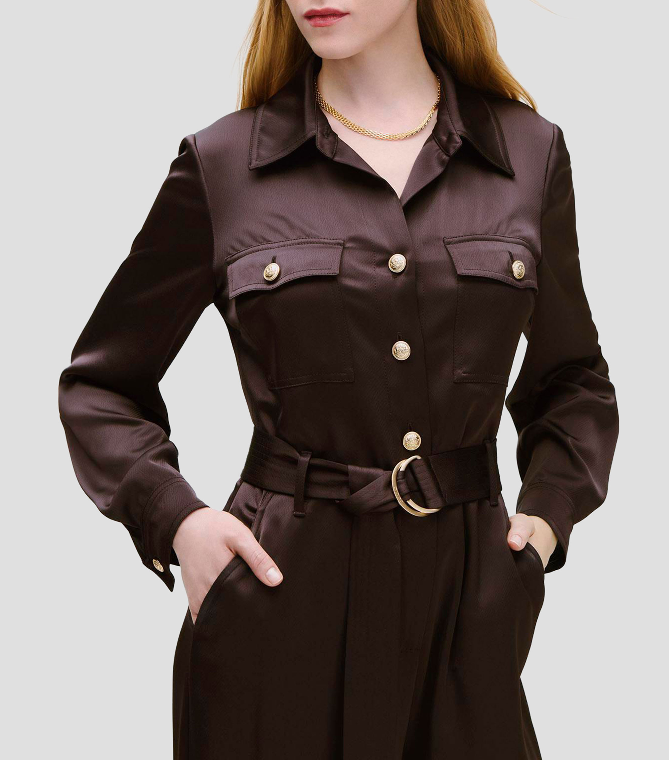Jumpsuit de Satín Recto Fluido Chocolate Cuello Camisero Mujer