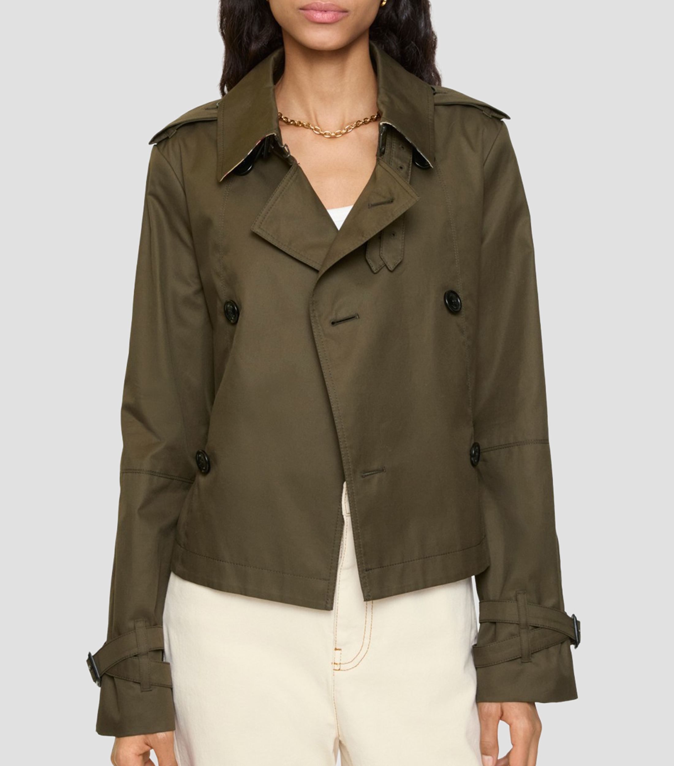 Gabardina corta estilo trench coat con botones y cinta Mujer