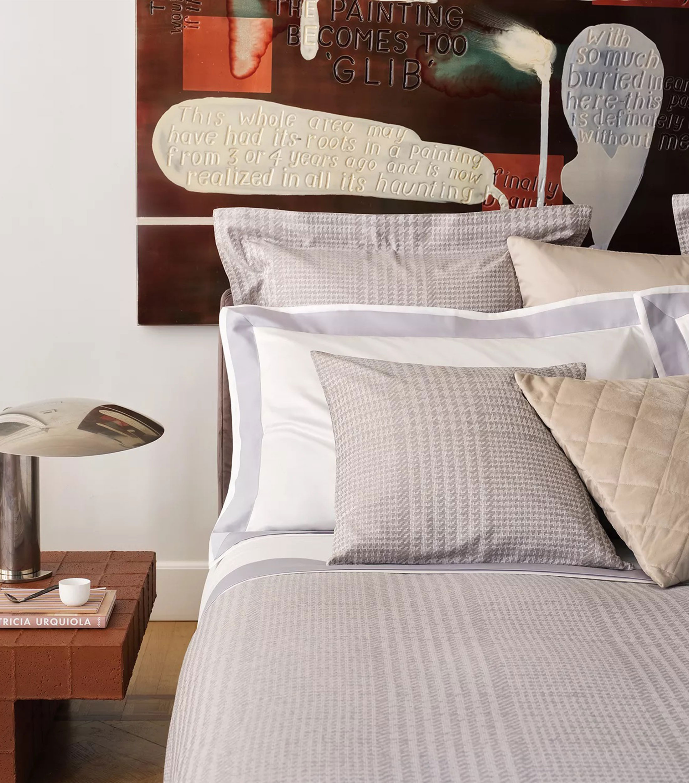 Funda para almohada estándar en algodón Pied de Poule Arredo beige con gris