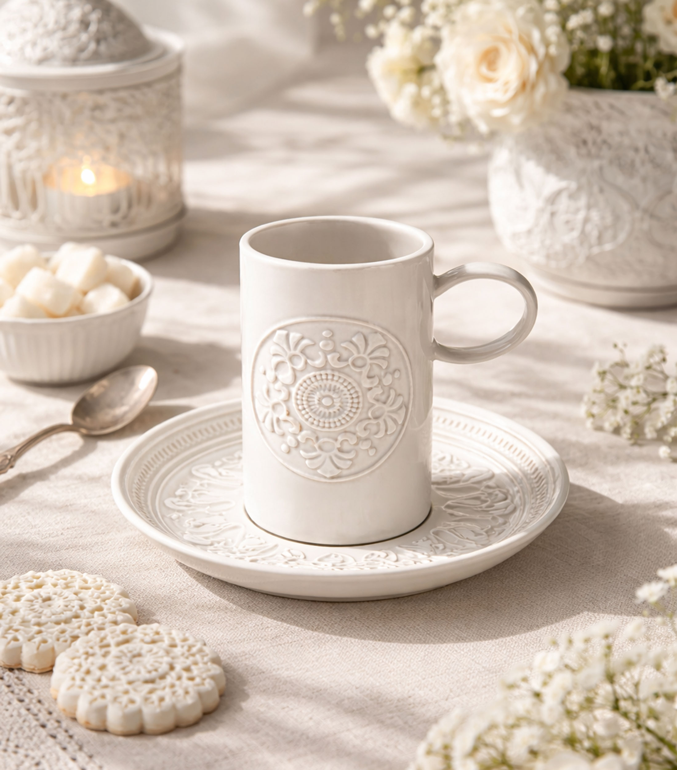Taza de cafe con platillo Domo Ornament blanca