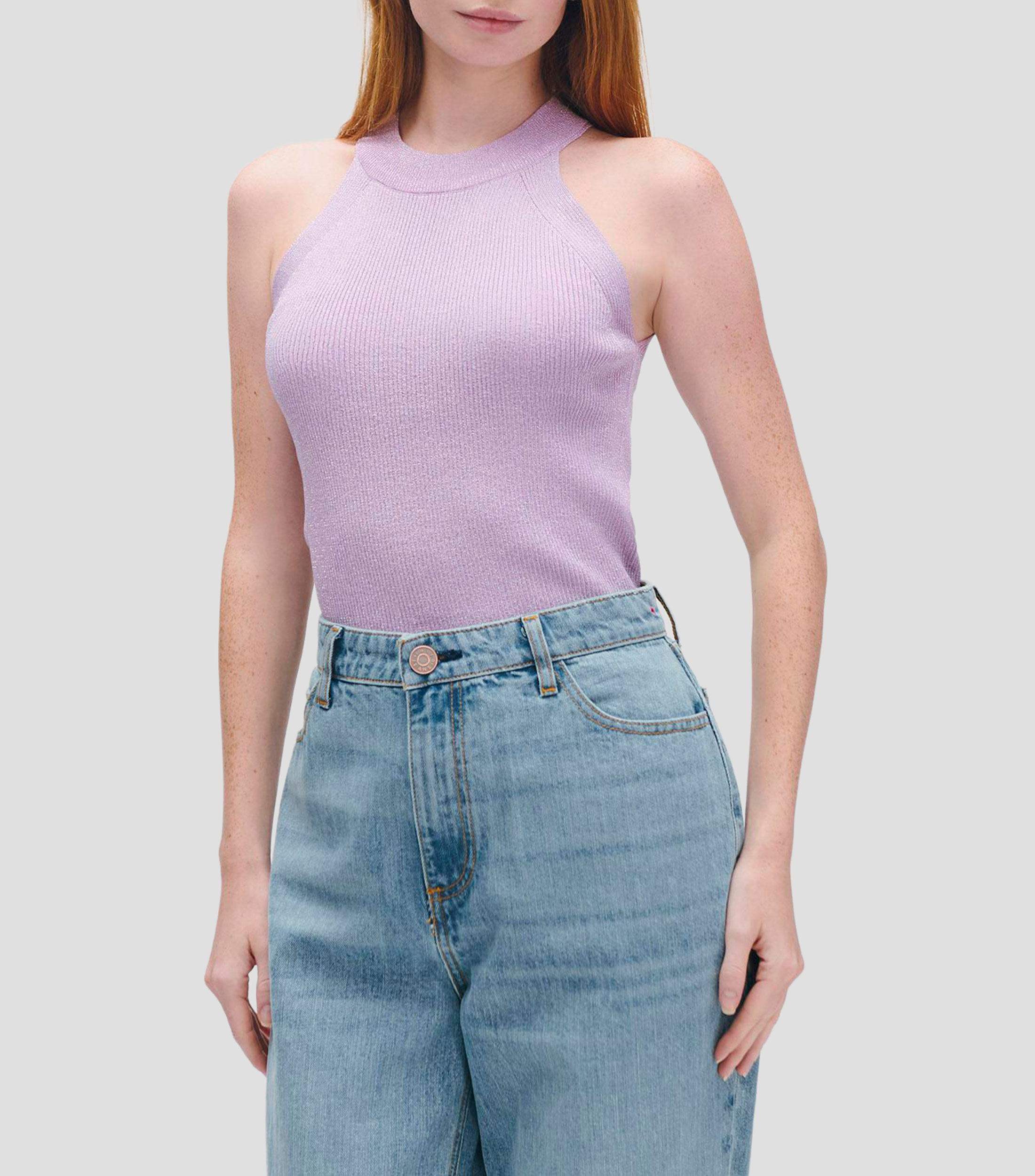 Blusa halter tejido canalé con lúrex Mujer