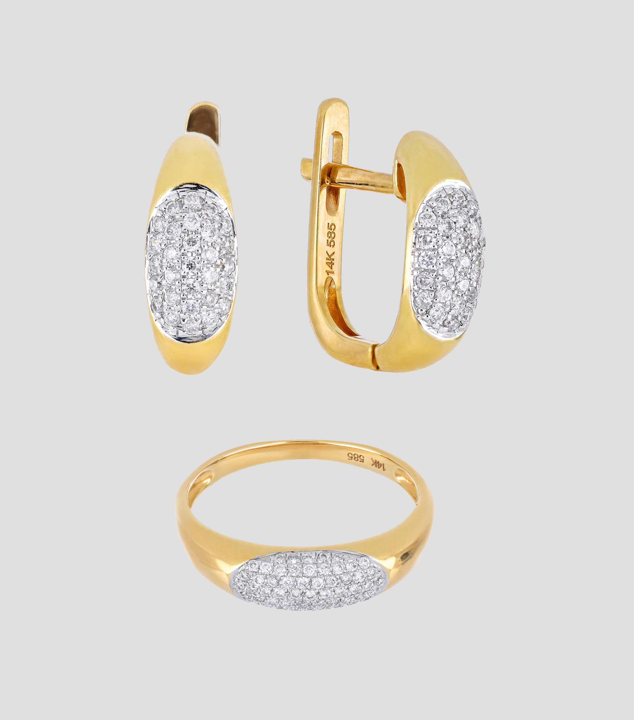 Set de anillo y aretes en oro amarillo 14 Kts con diamantes Mujer