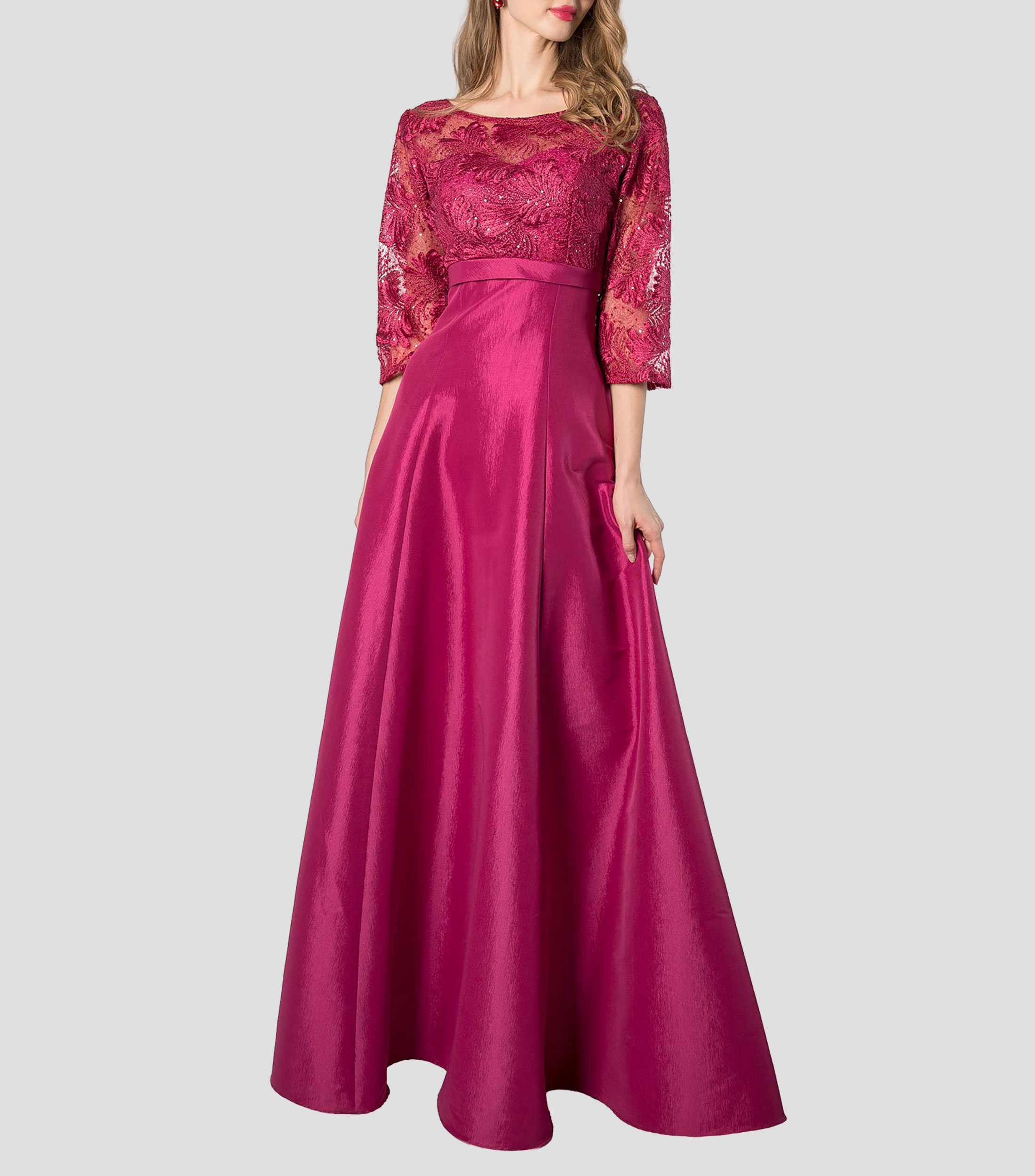 Vestido de fiesta largo manga 3/4 con encaje fantasía Mujer