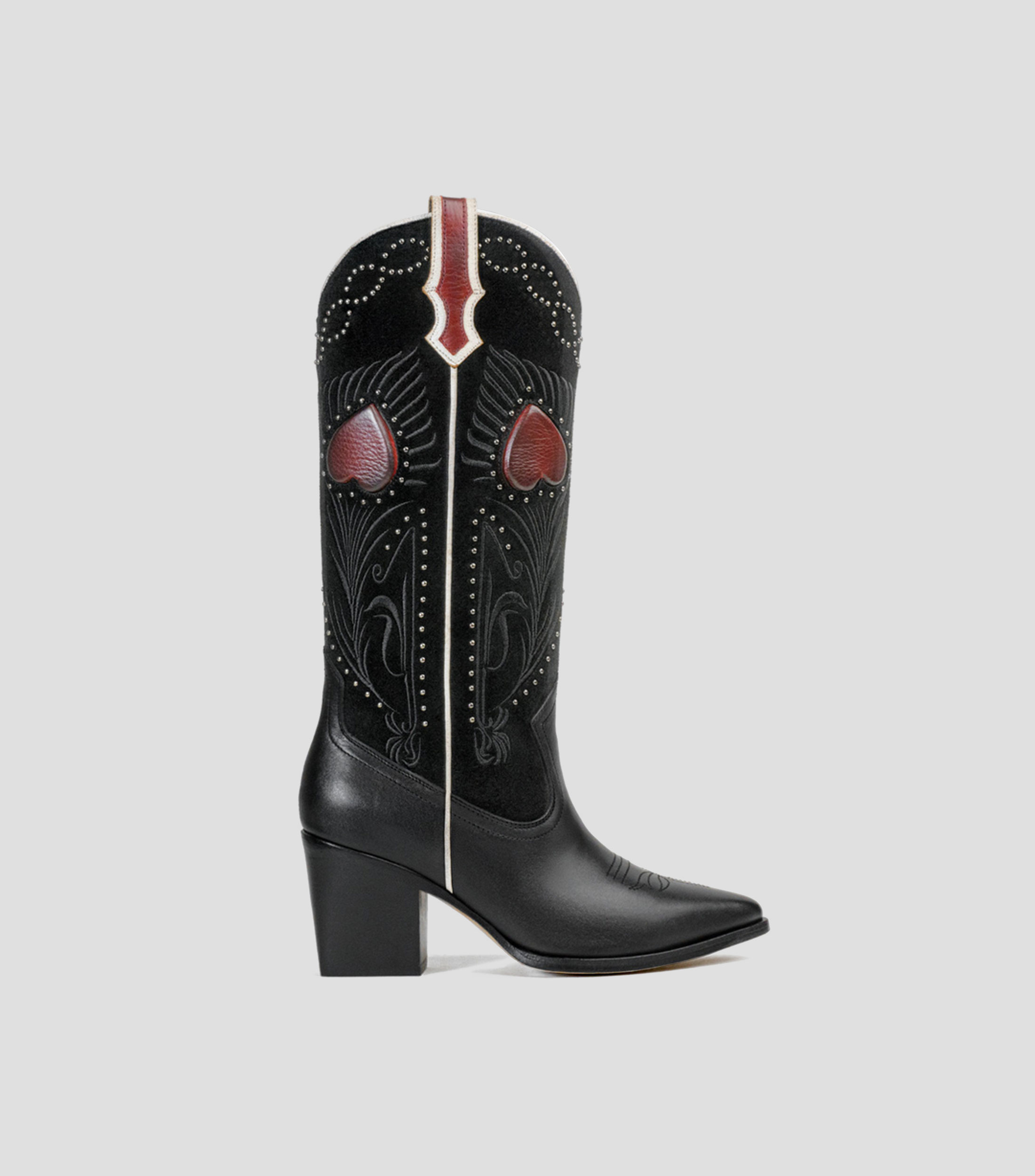 Botas vaqueras largas en piel con tacón medio cuadrado Mujer
