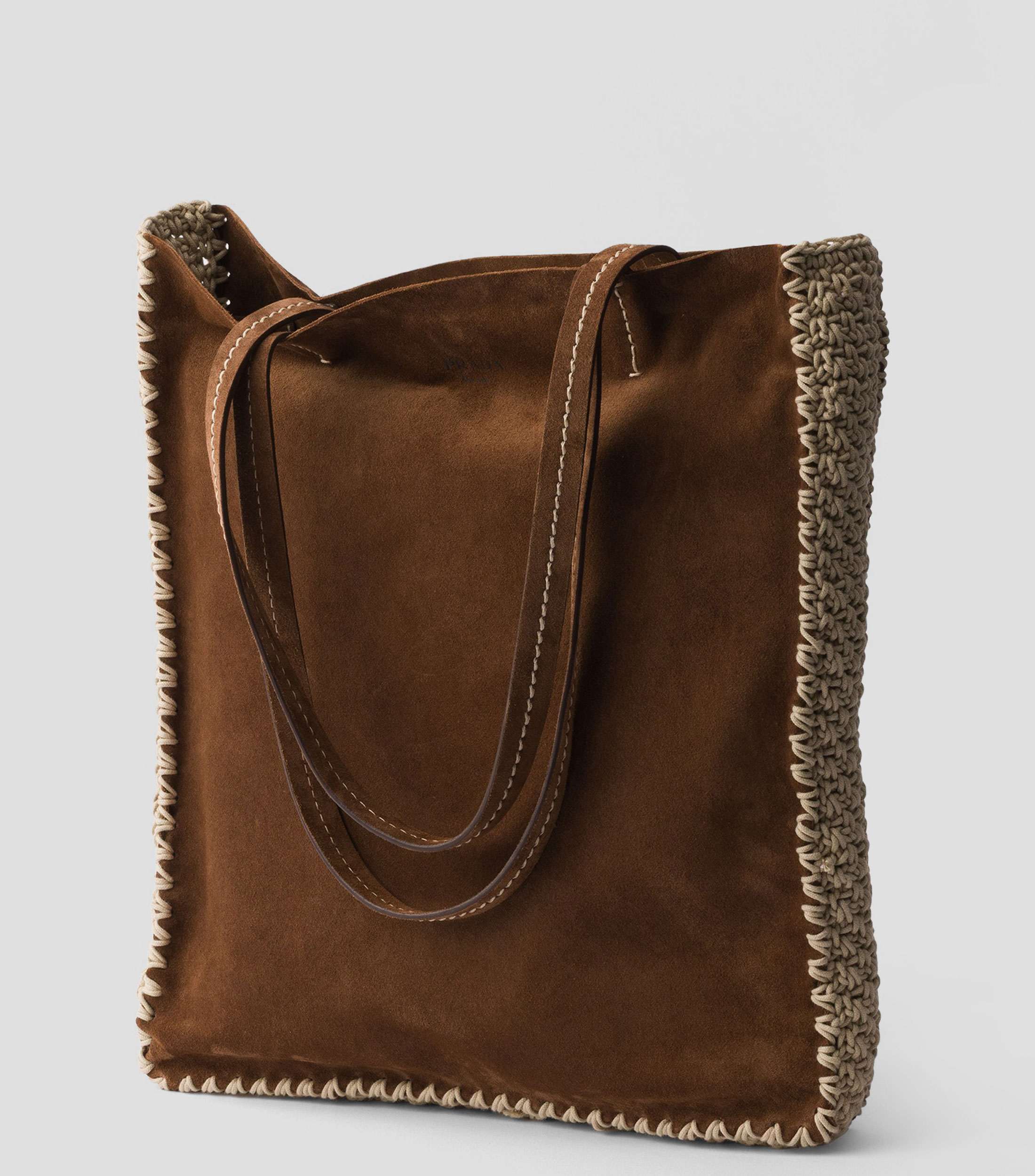 Bolsa Tote Café en Piel con Detalles de Croché, Mujer