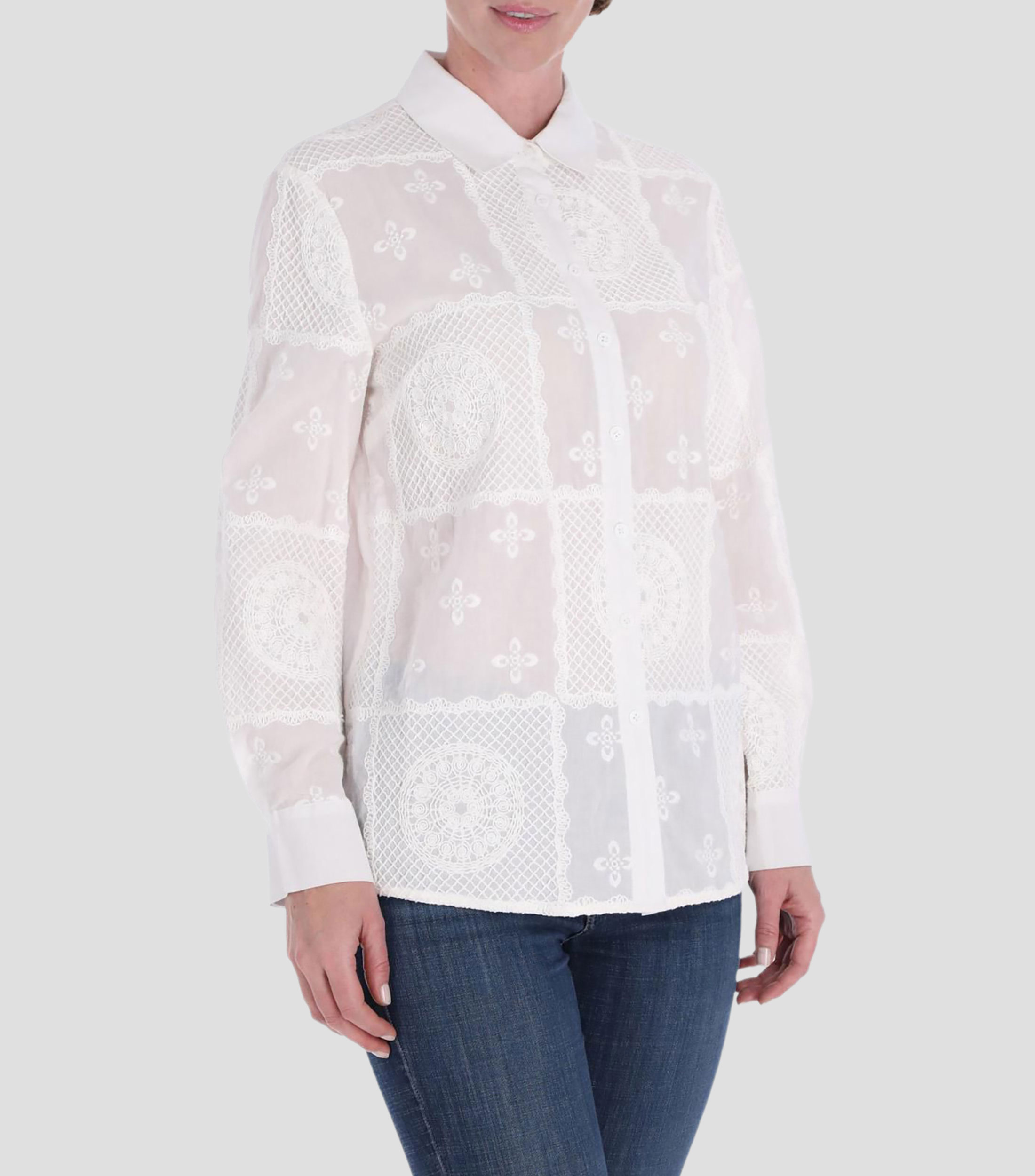 Blusa lisa con bordado manga larga Mujer