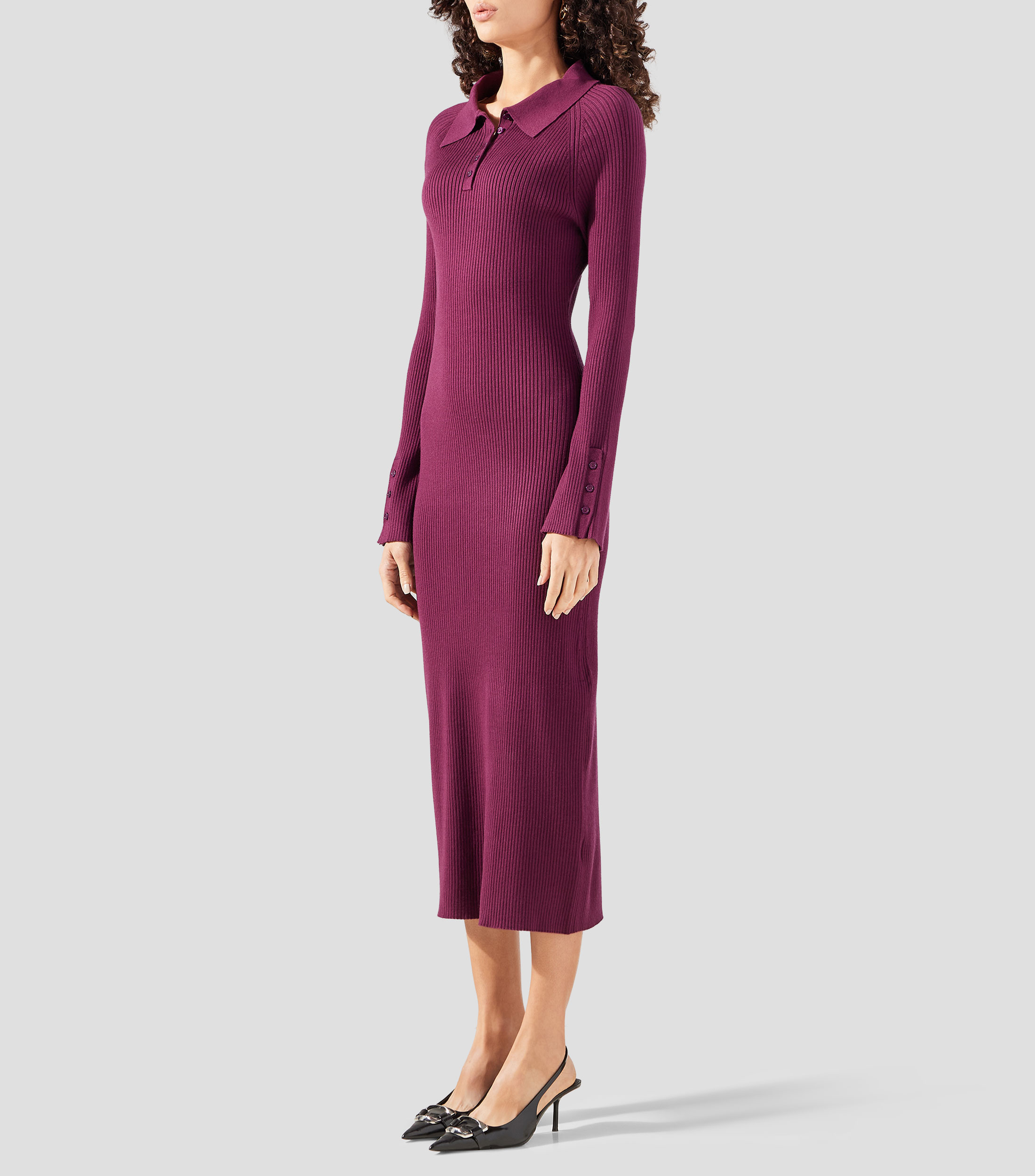 Vestido midi manga larga liso Mujer