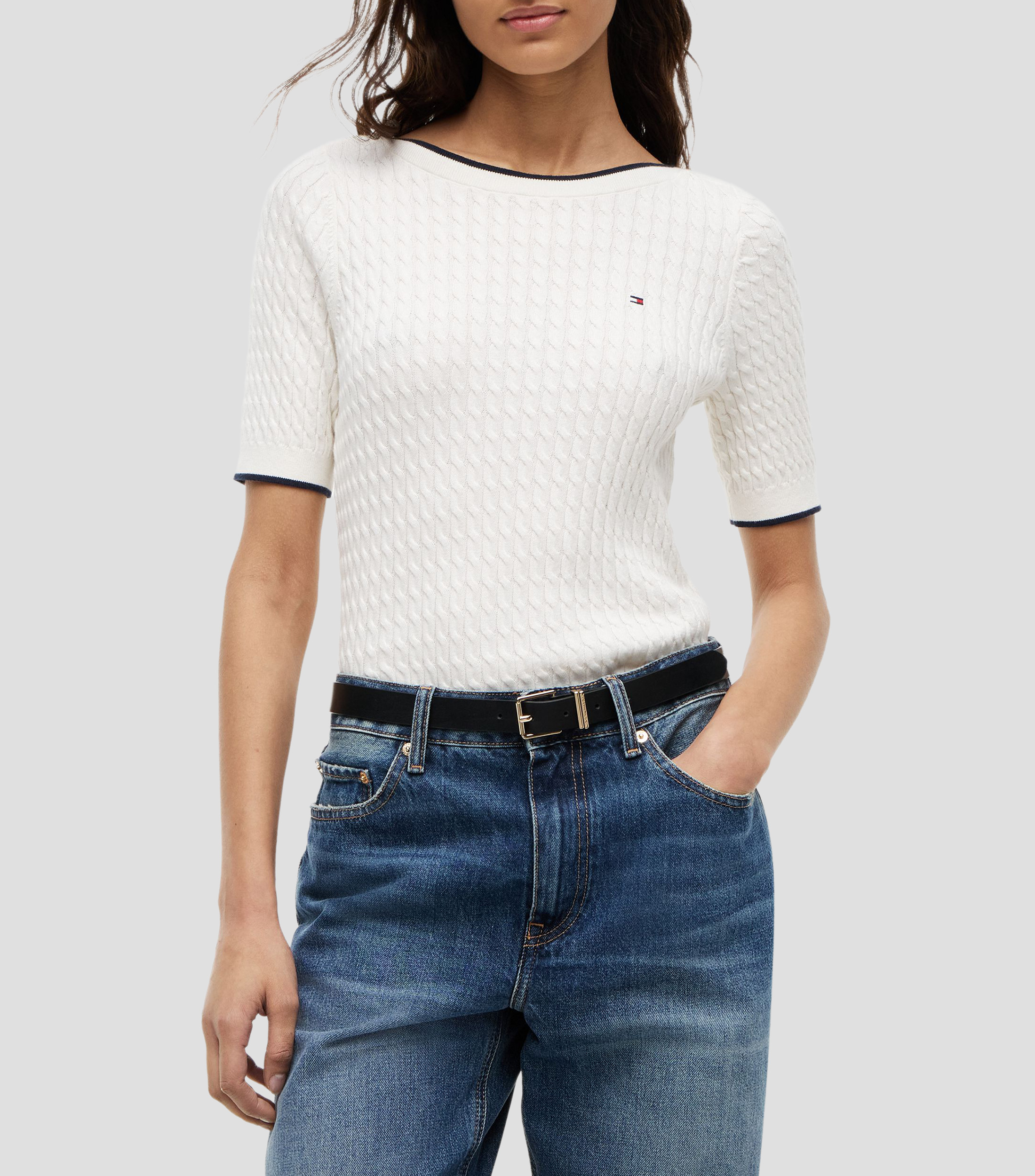 Blusa lisa con trenzado manga corta Mujer