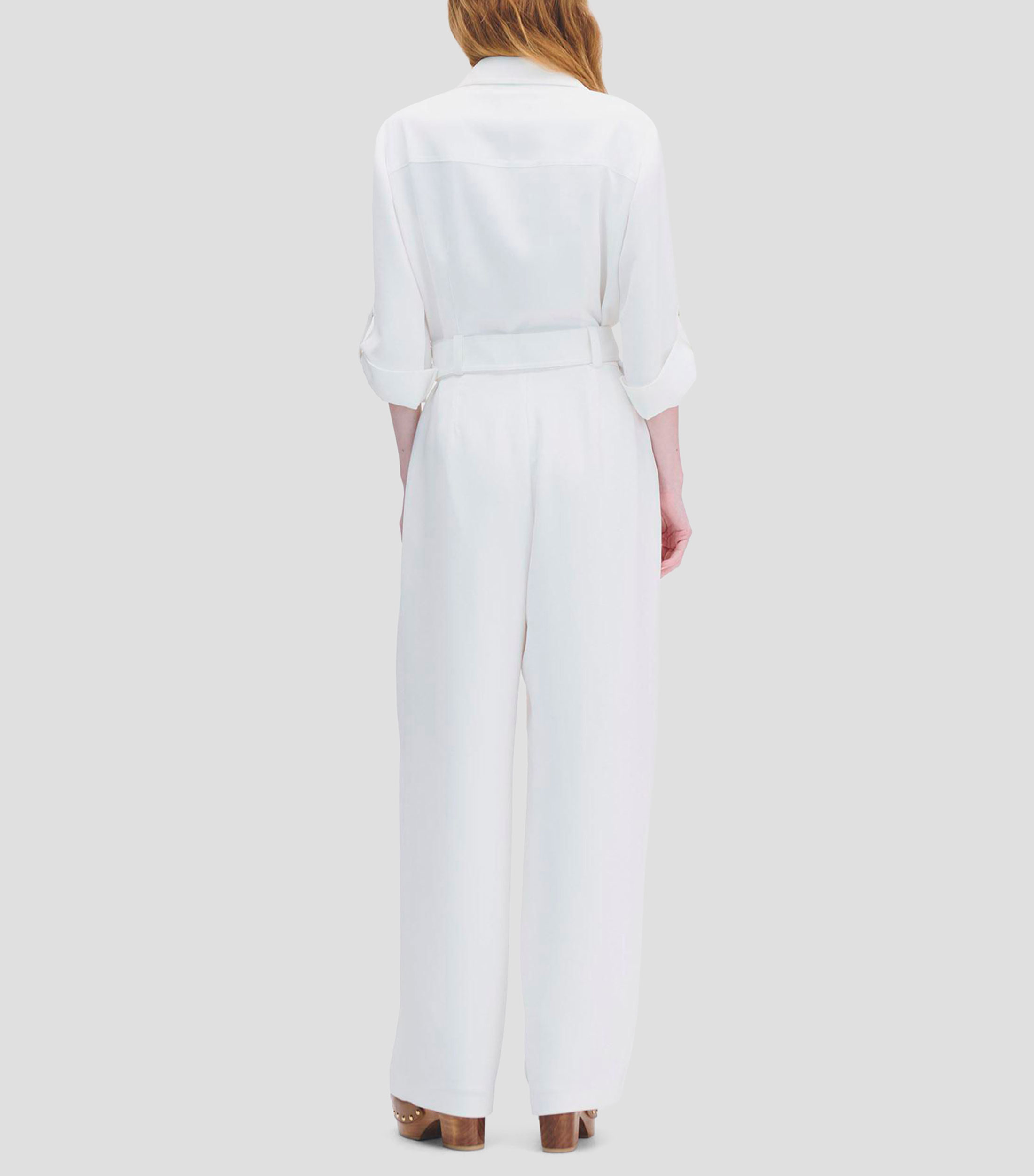 Jumpsuit Blanco Recto Fluido Cuello Camisero Manga 3/4 con Charreteras Mujer