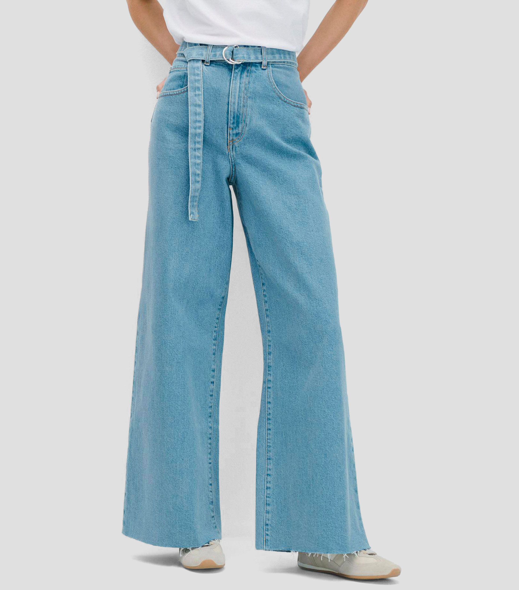 Jeans wideleg deshilado con banda Mujer