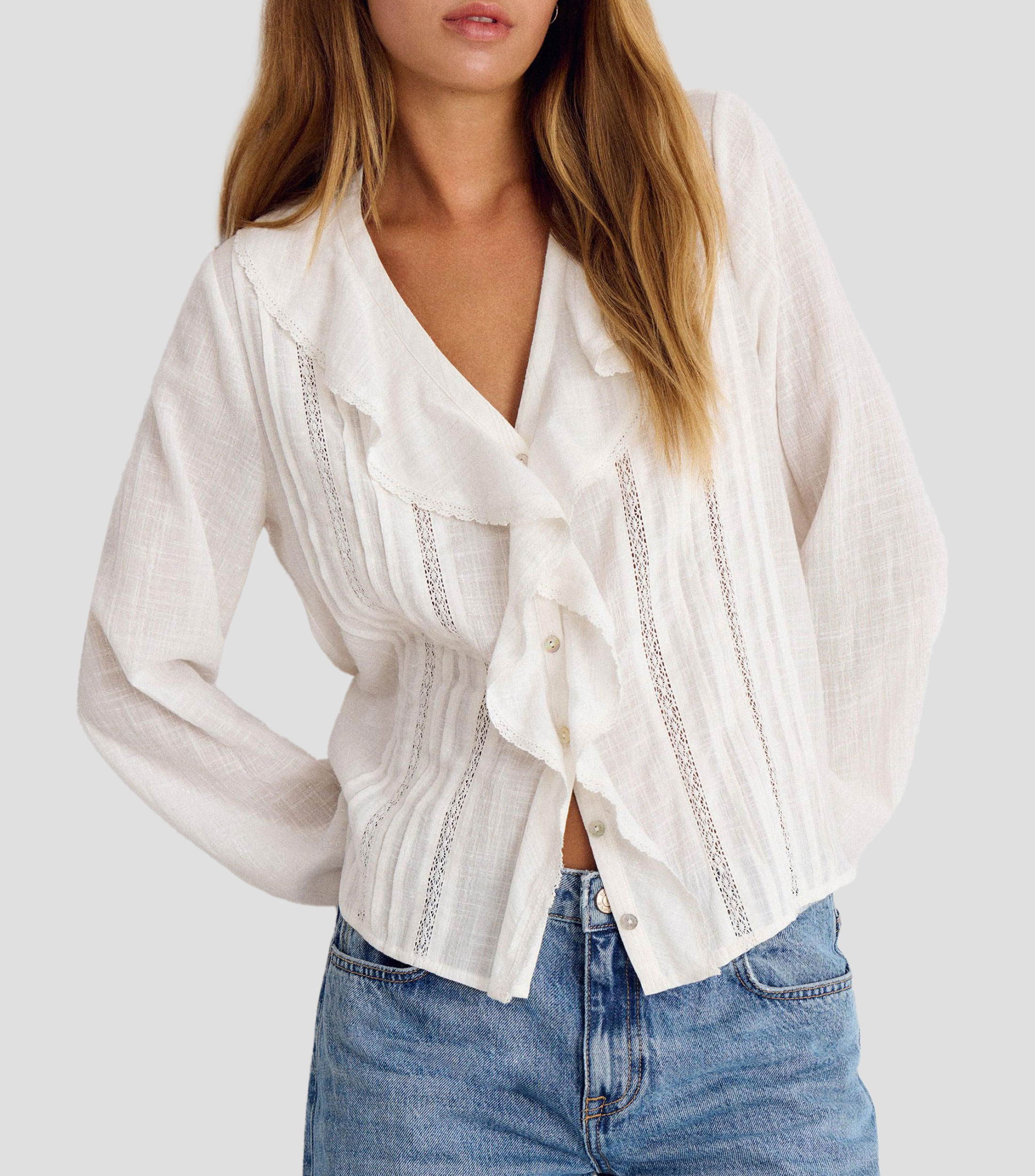 Blusa con volante lisa manga larga Mujer