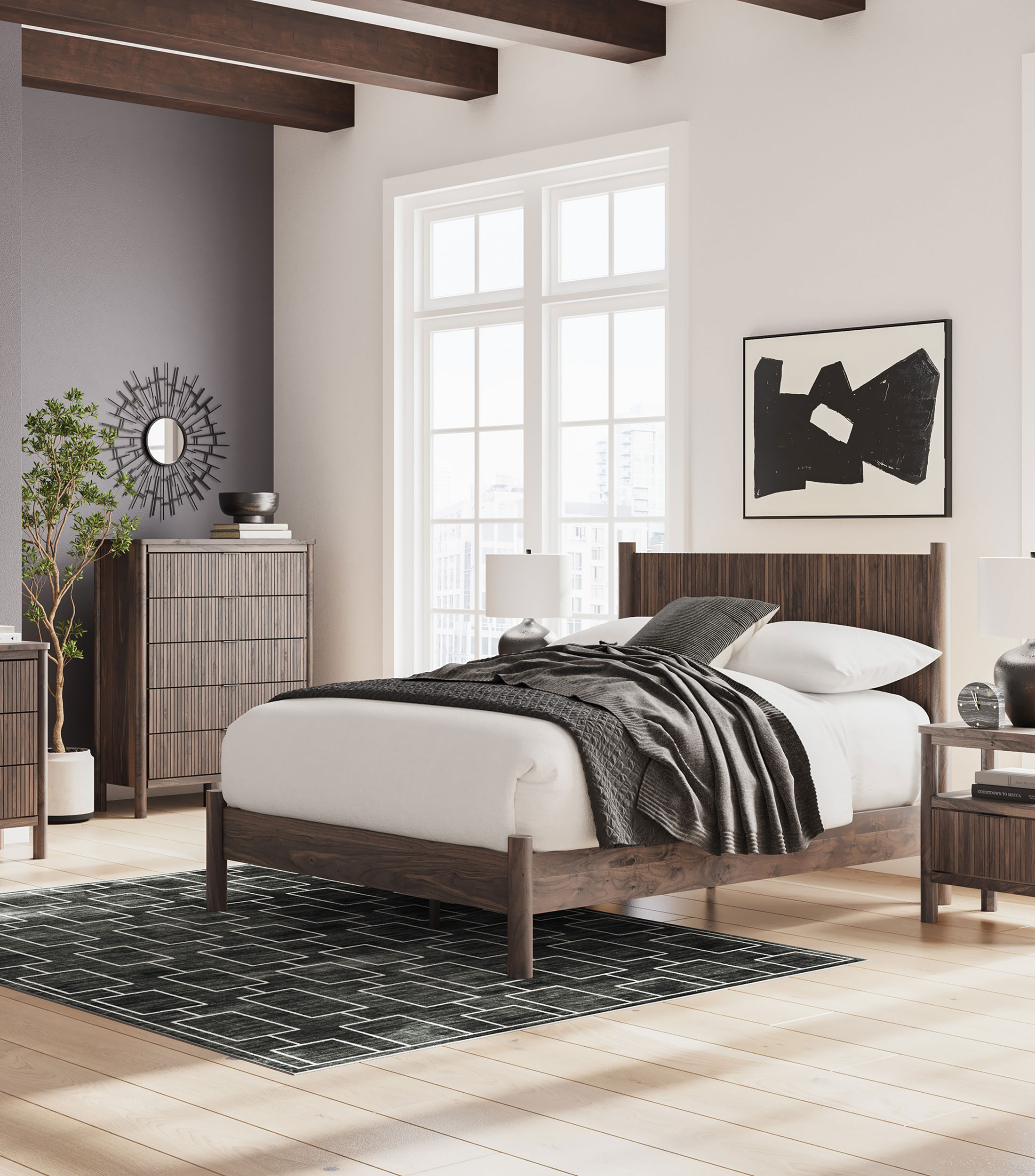 Cama de plataforma con cabecera queen size Caliel