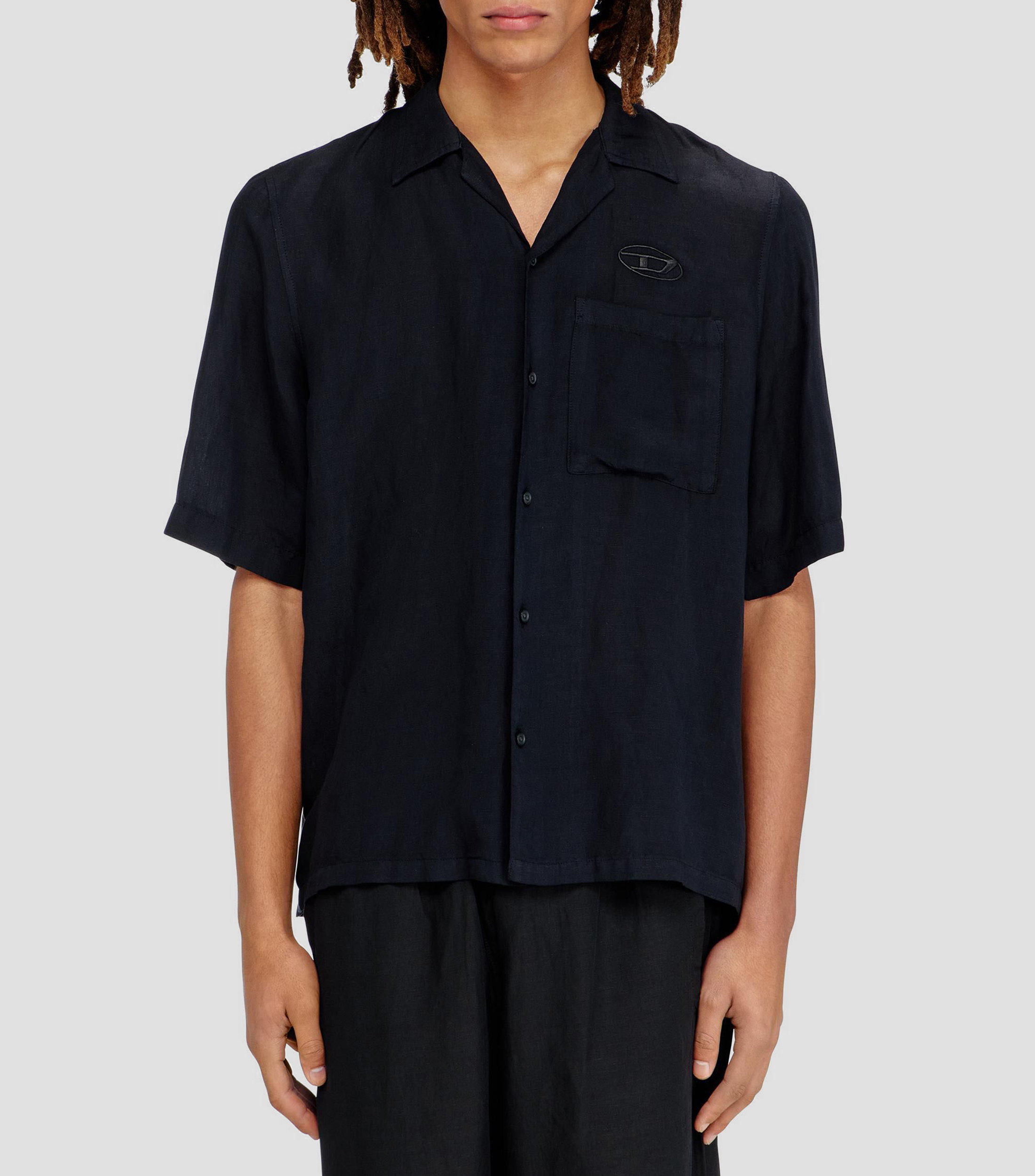 Camisa de mezcla de lino lisa manga corta Hombre