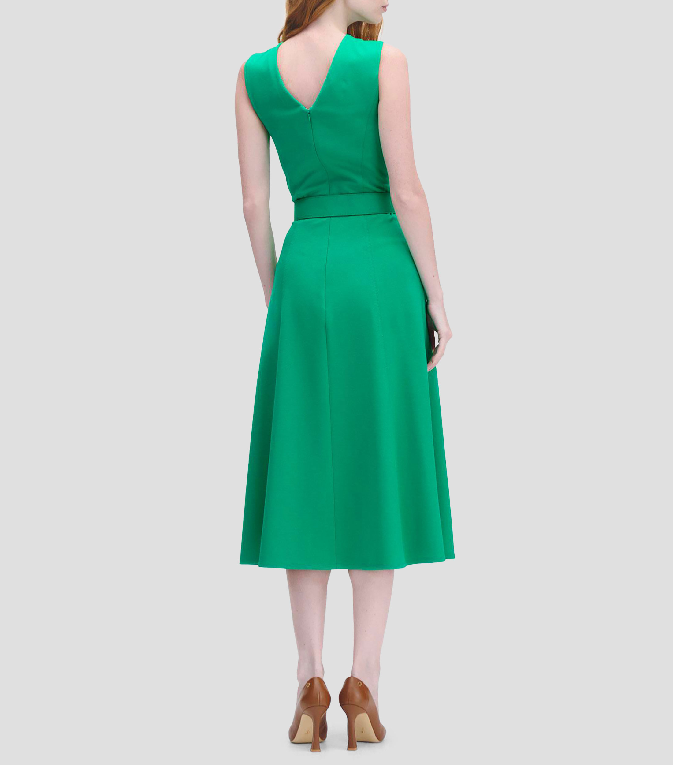 Vestido de punto escote V corte francés pespuntes y cinturón Mujer