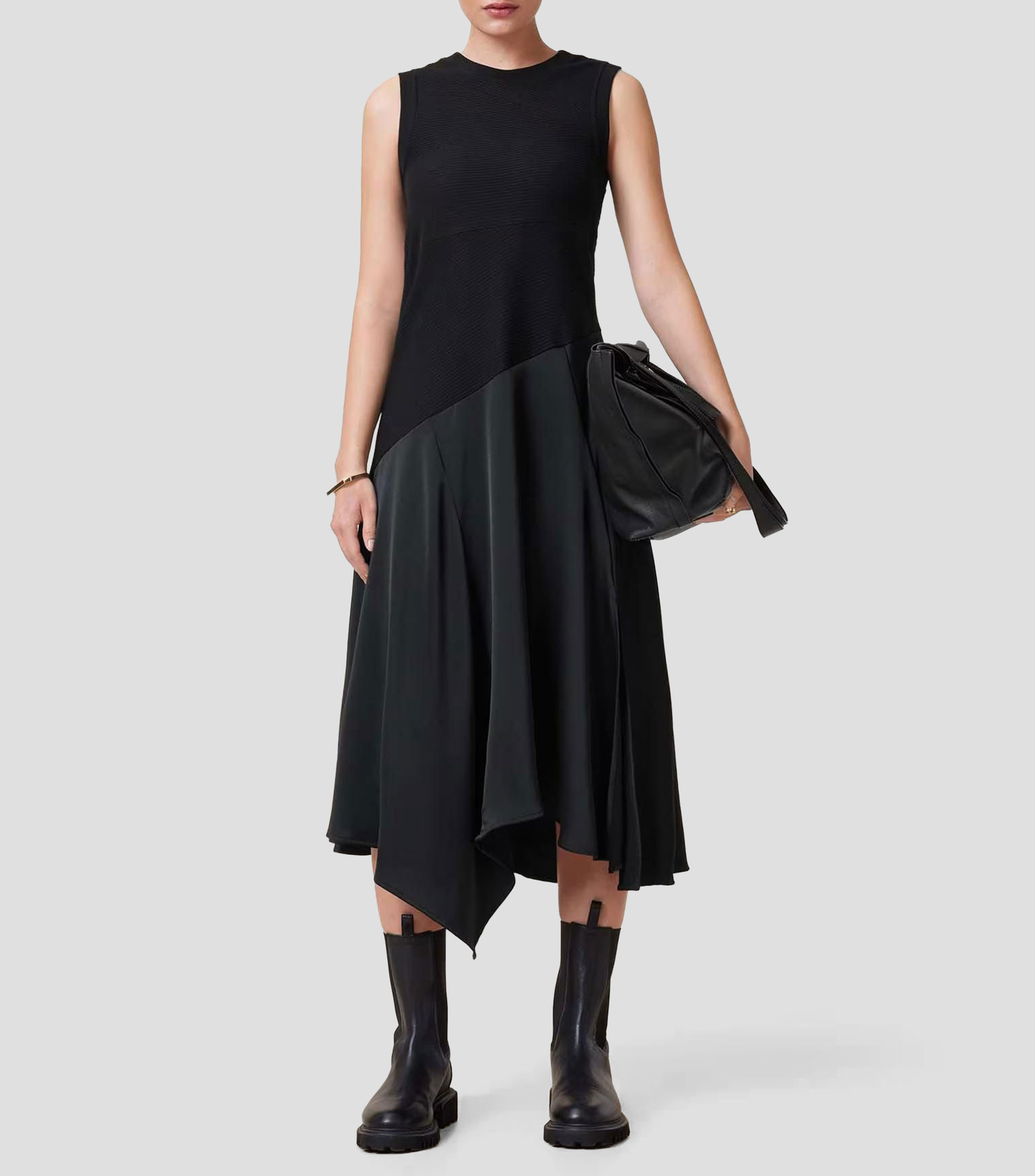 Vestido midi liso con detalle a canalé Mujer