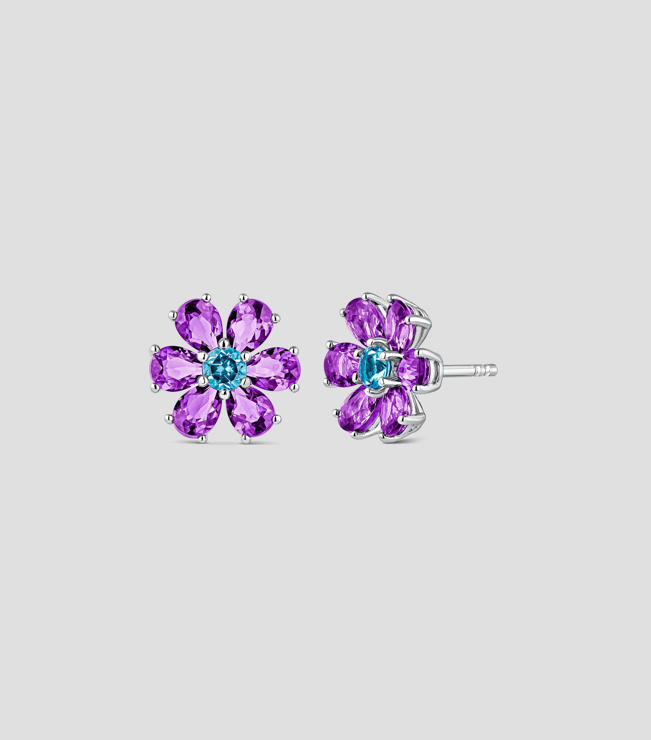 Pendientes en plata en forma de flor con topacio y amatista morada Mujer