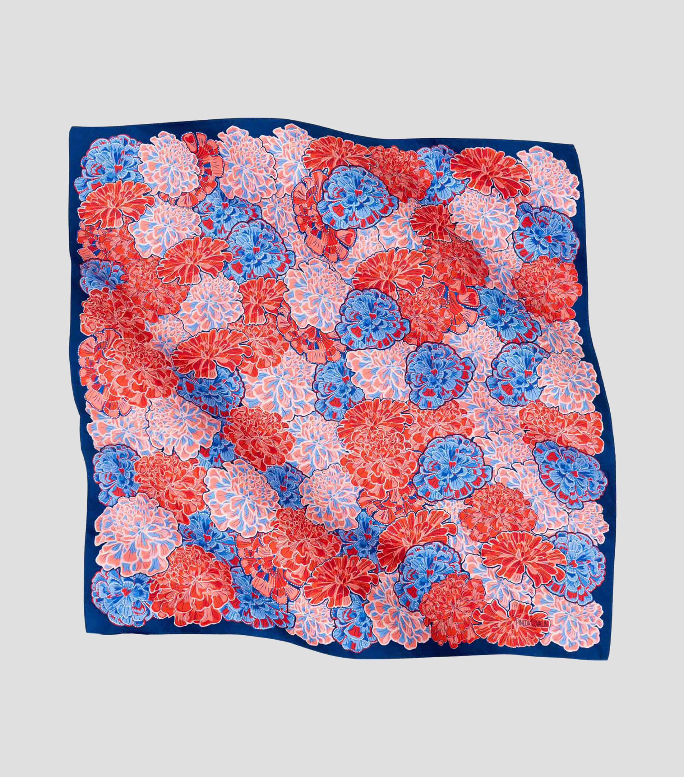 Mascada de seda azul cobalto con flores de cempasúchil Mujer