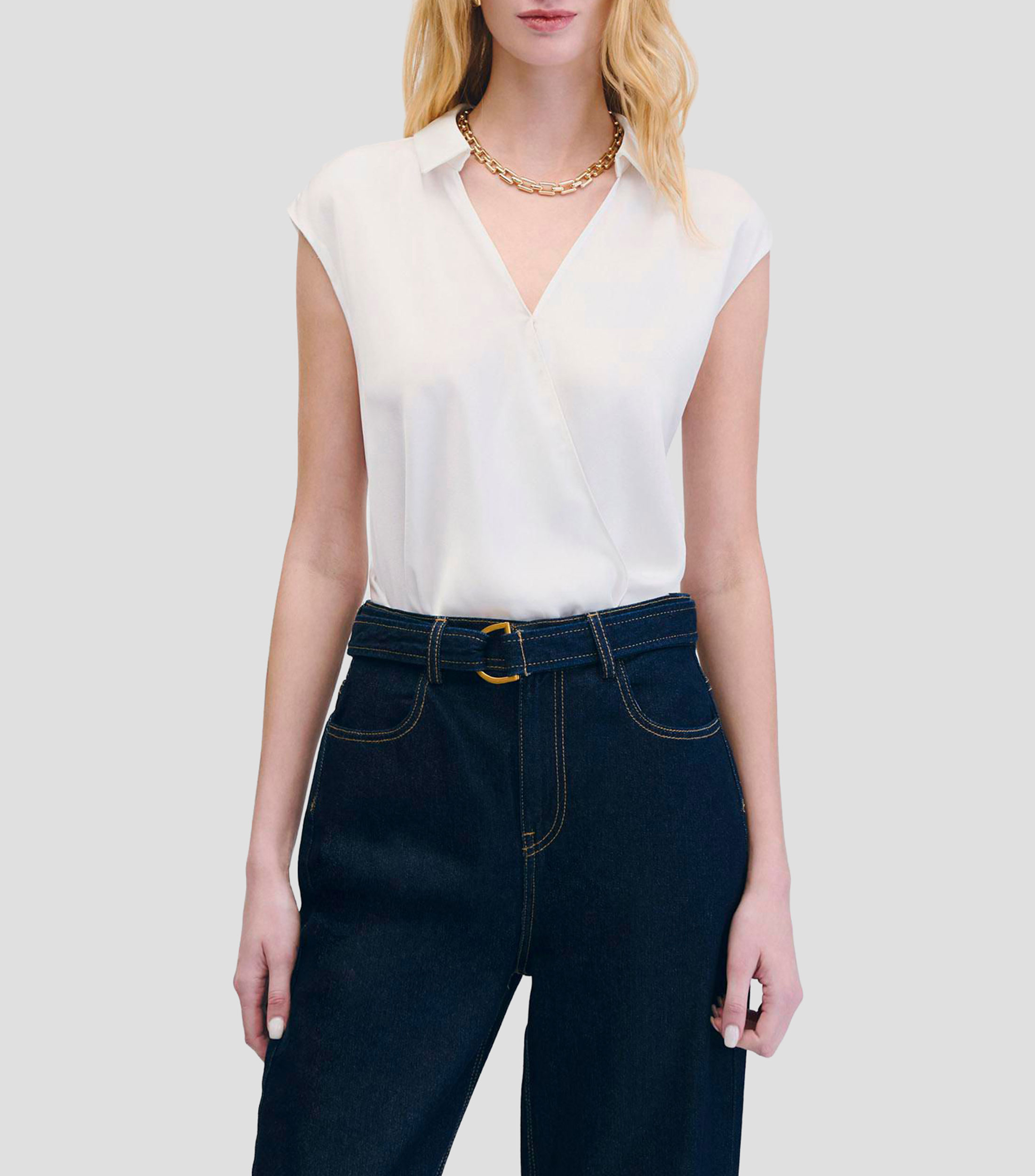 Blusa De Satín Envolvente Cuello Camisero Mujer