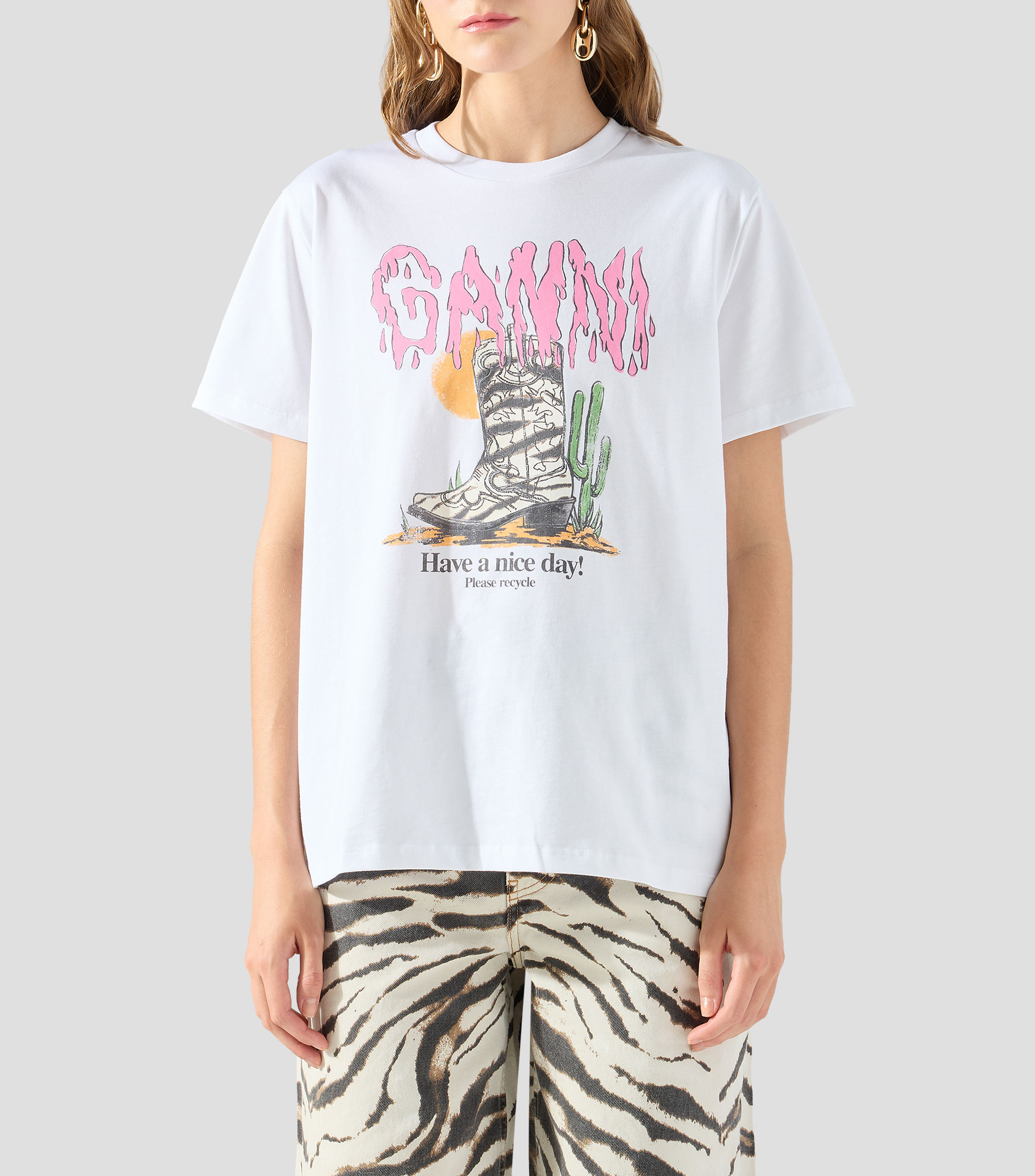 Playera de cuello redondo con manga corta estampada Mujer