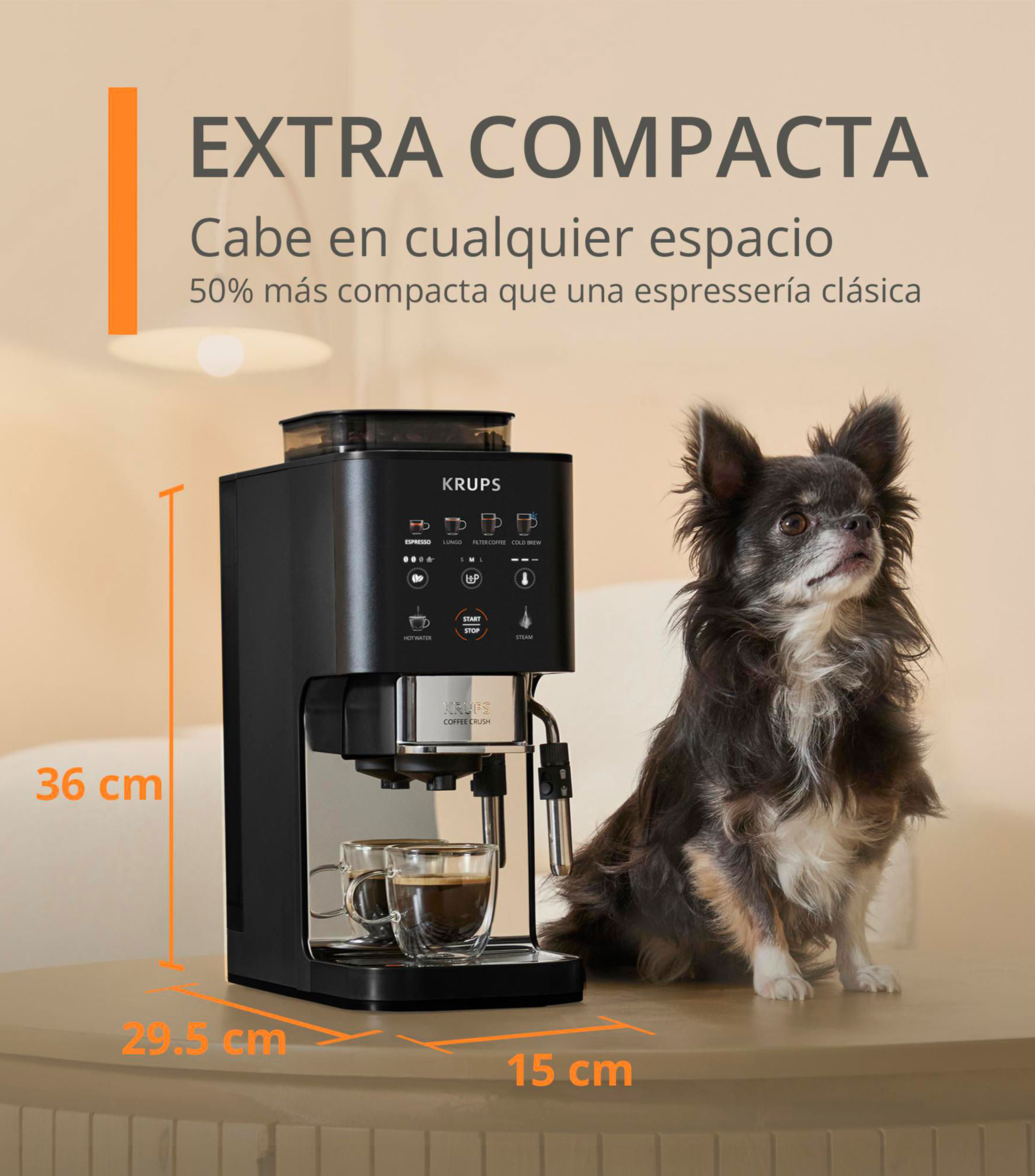 Cafetera automática Coffee Crush Negra, acero inoxidable