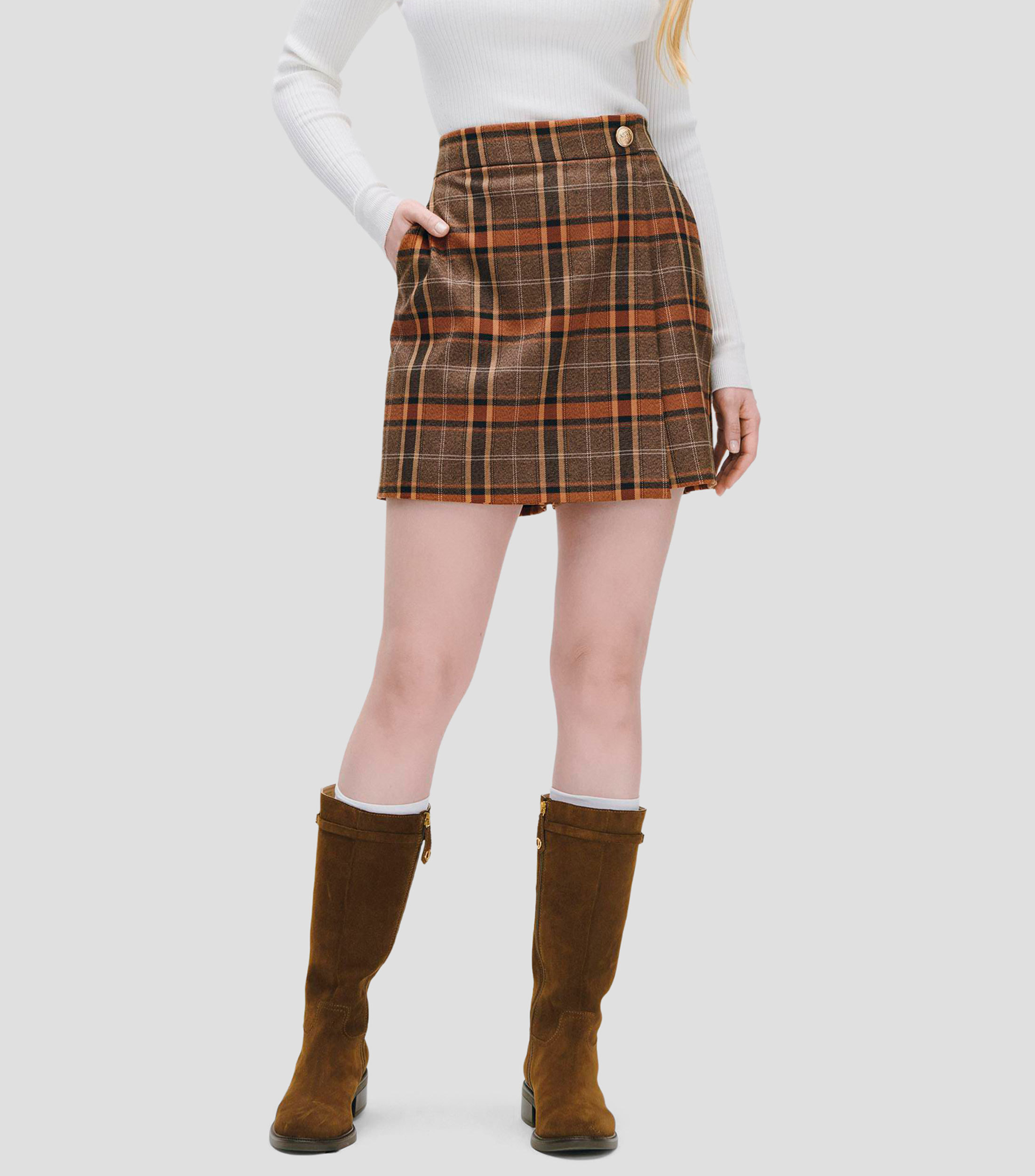 Falda Short a Cuadros Sepia con Lúrex Mujer