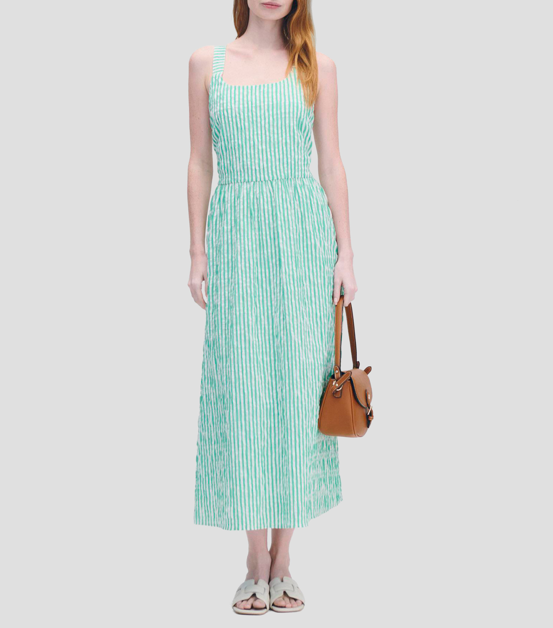 Maxi vestido textura a rayas verde trébol corte en cintura Mujer