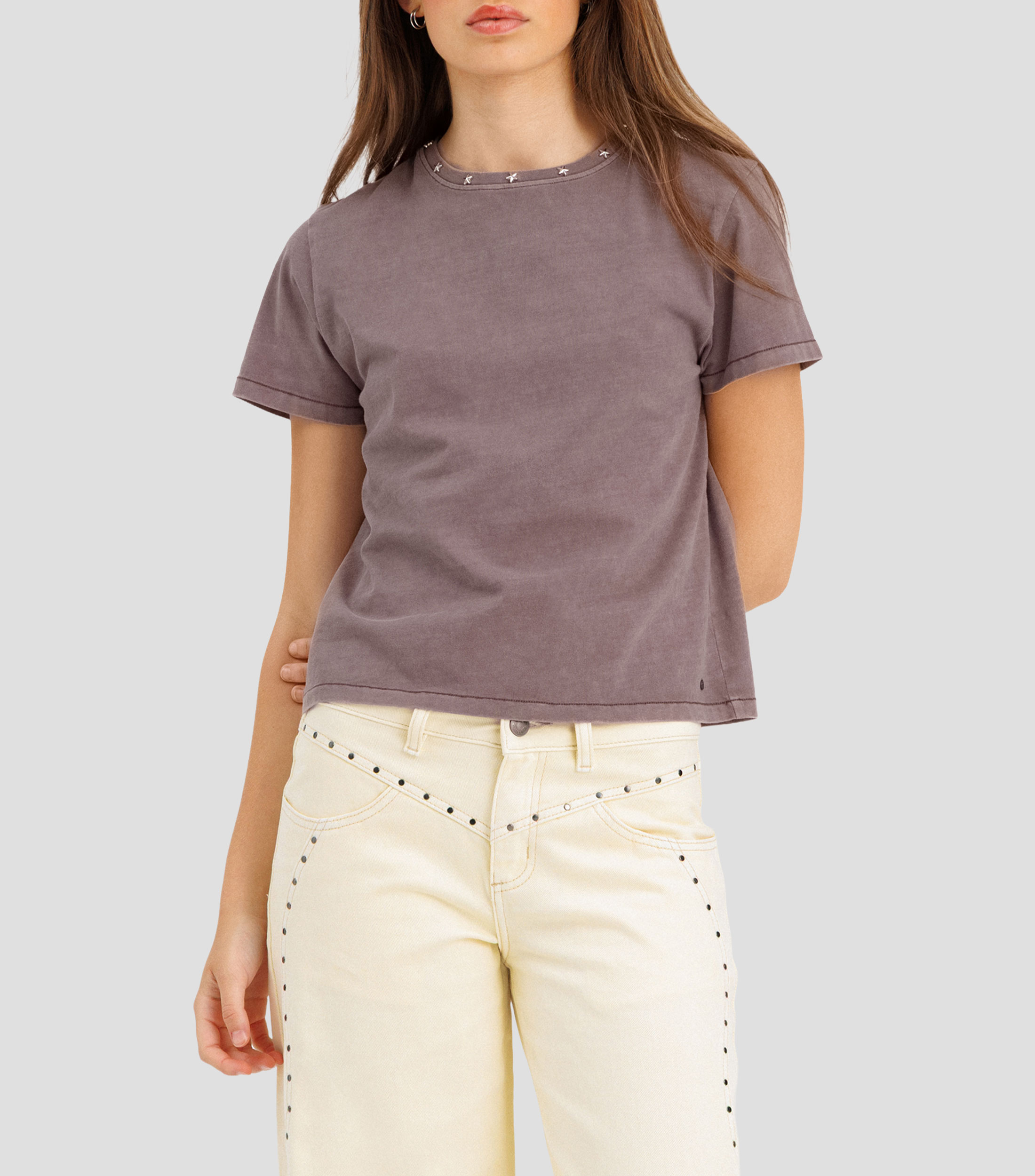 Playera cuello redondo manga corta sólida Mujer