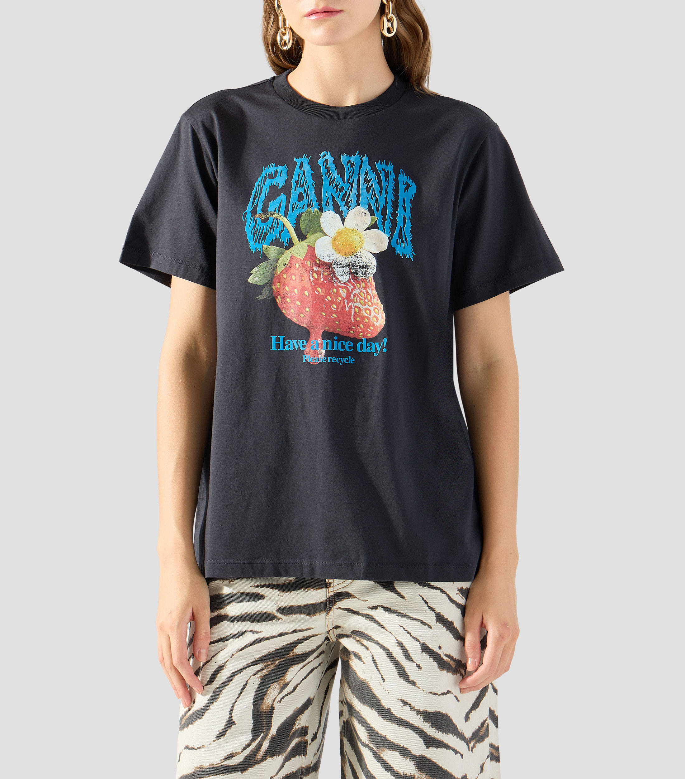 Playera de cuello redondo con manga corta estampada Mujer