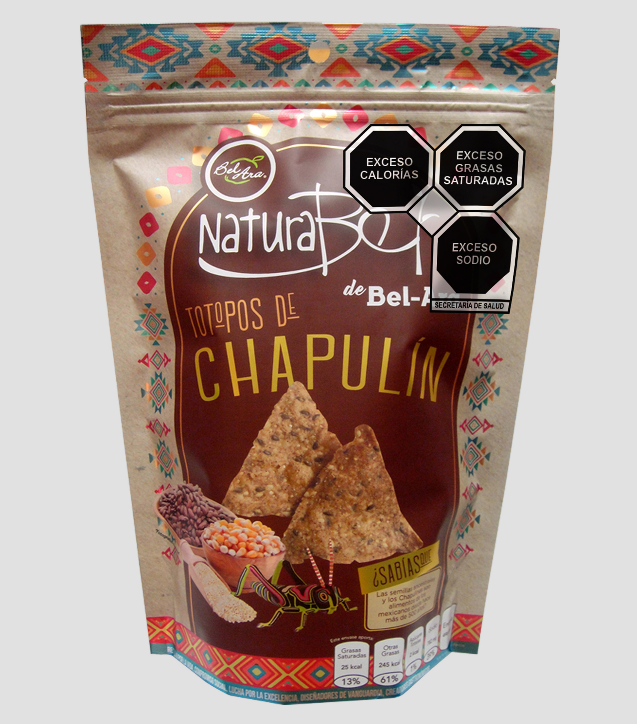 Totopos de maíz, chapulín y frijol con limón, 100 gr