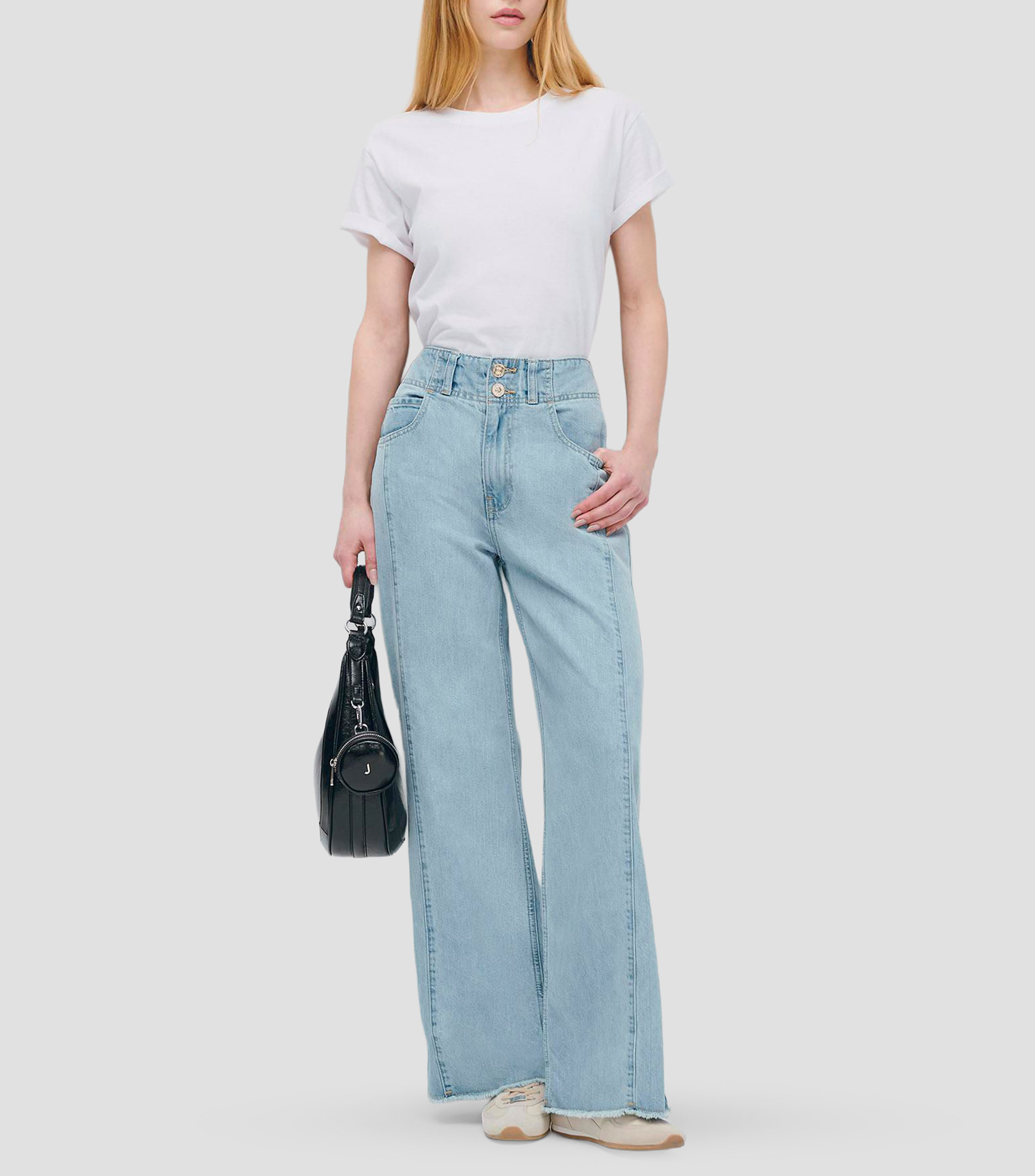 Jeans Wide Leg Tiro Alto Azul Claro Pretina Compuesta Detalle Fraccionado Deshilado En Ruedo