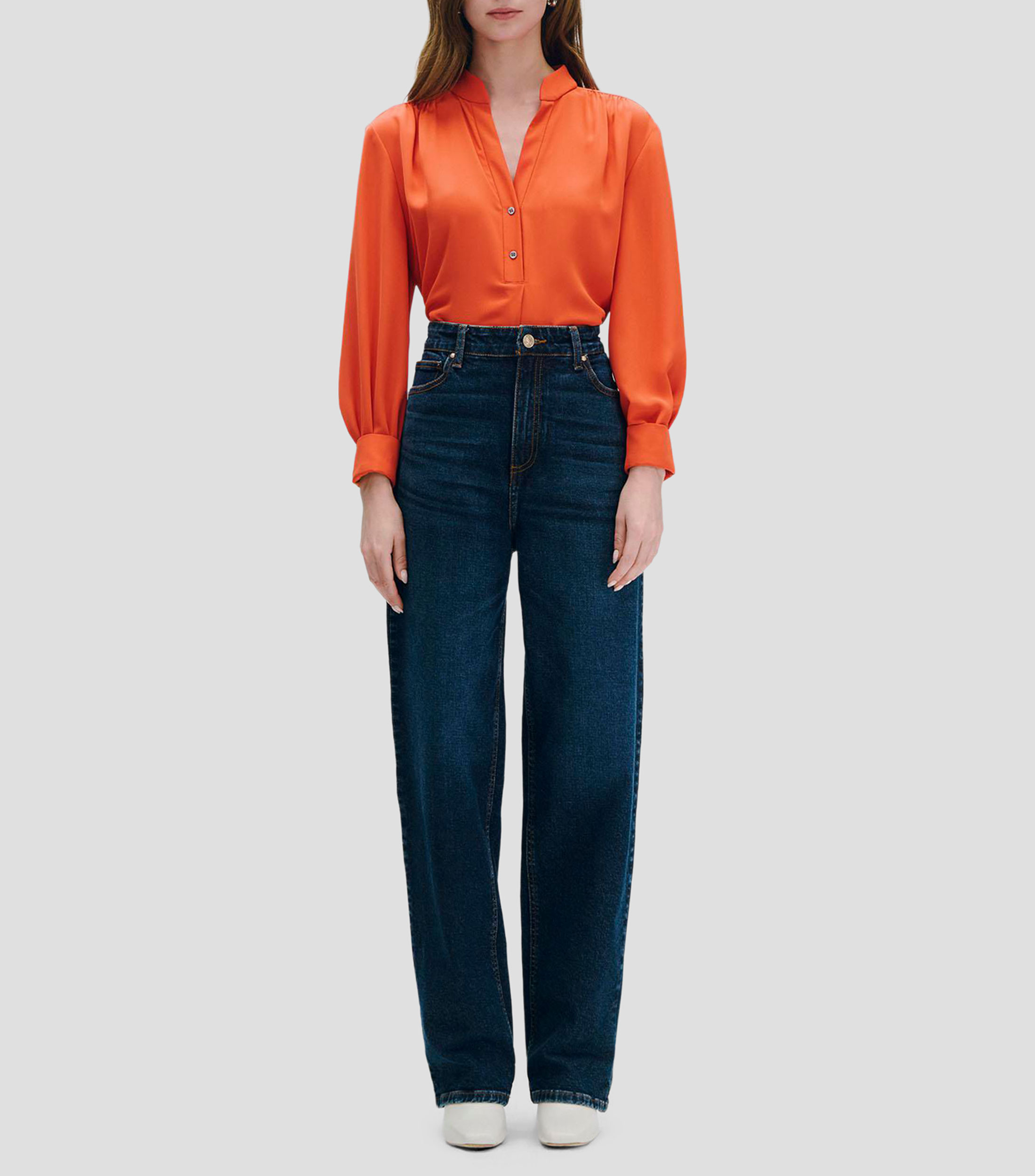 Blusa naranja cuello mao escote V Mujer