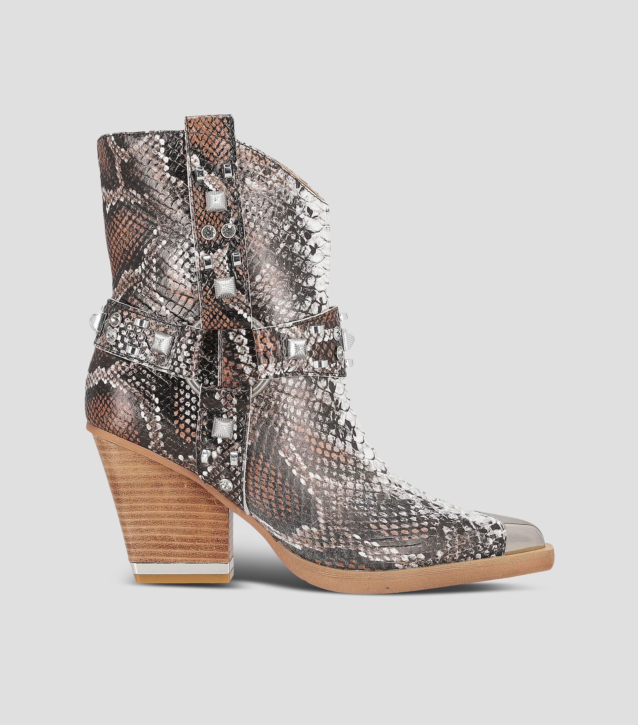 Botines vaqueros en piel con tacón alto cuadrado y animal skin Mujer