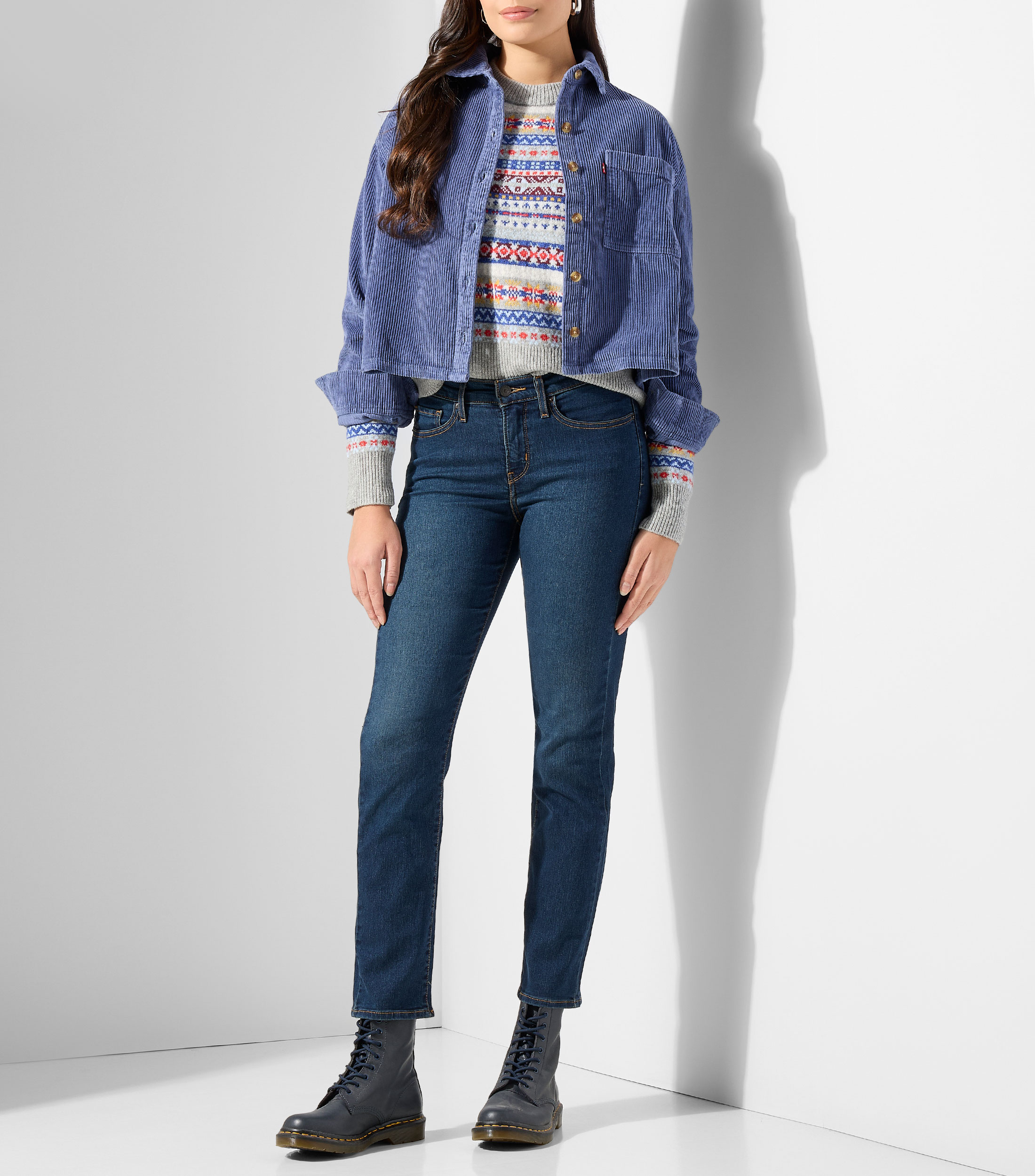 Camisa lisa acanalada manga larga Mujer