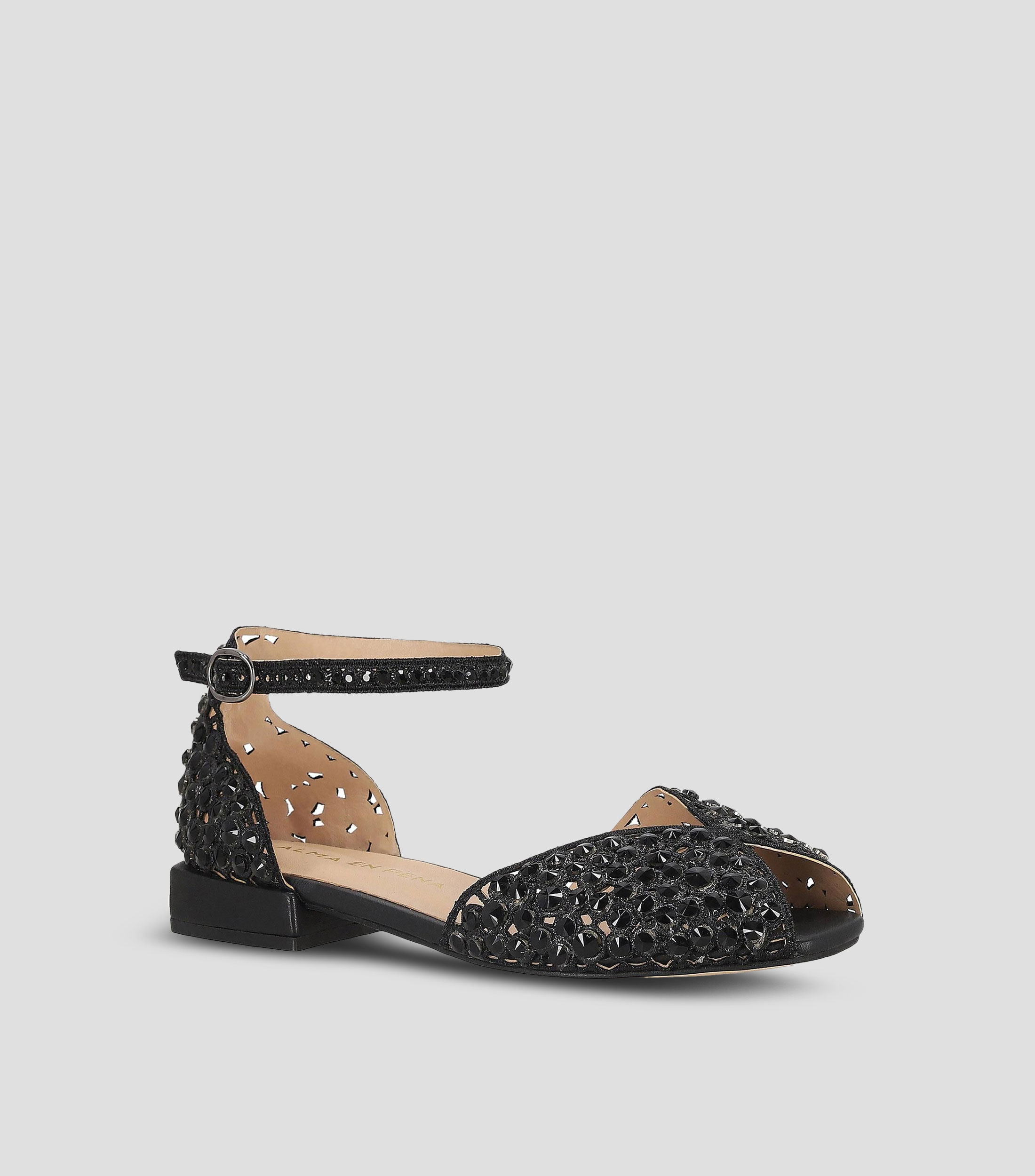 Flats en piel con tacón media luna con pedrería Mujer