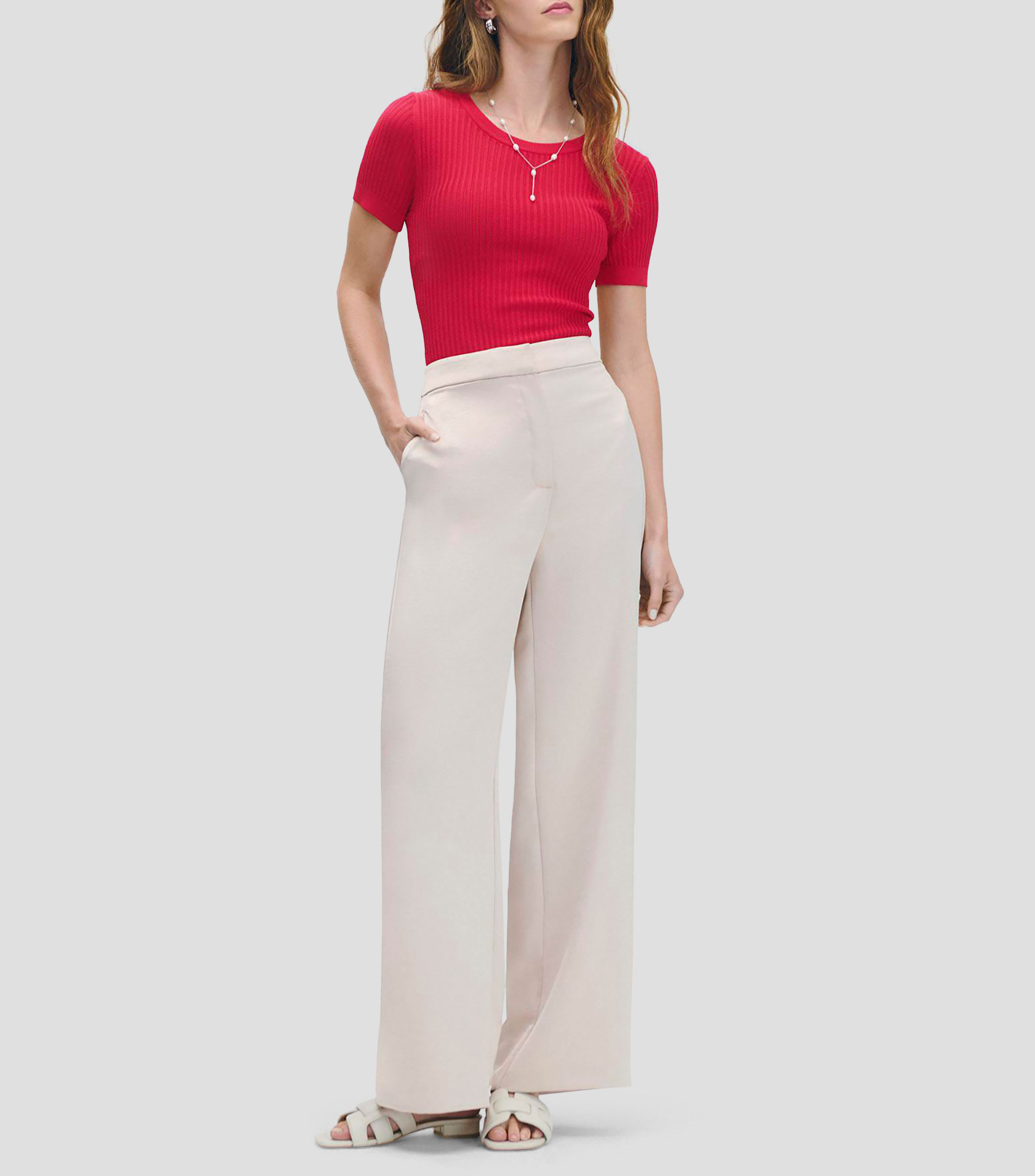 Blusa tejido calado magenta escote redondo Mujer