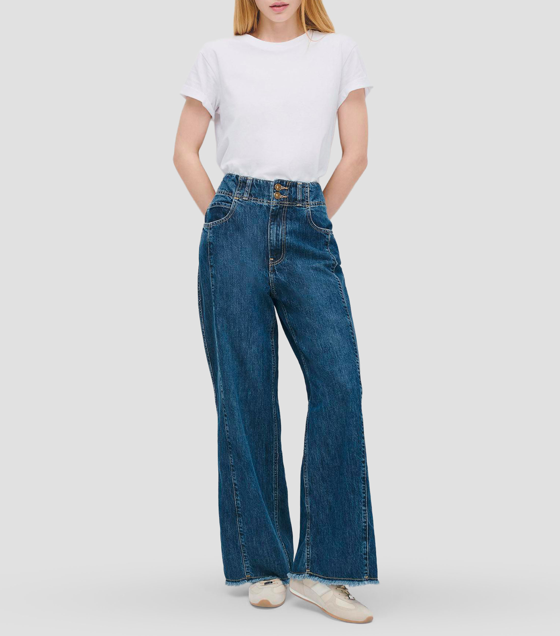Jeans Wide Leg Tiro Alto Azul Oscuro Doble Pretina Deshilado