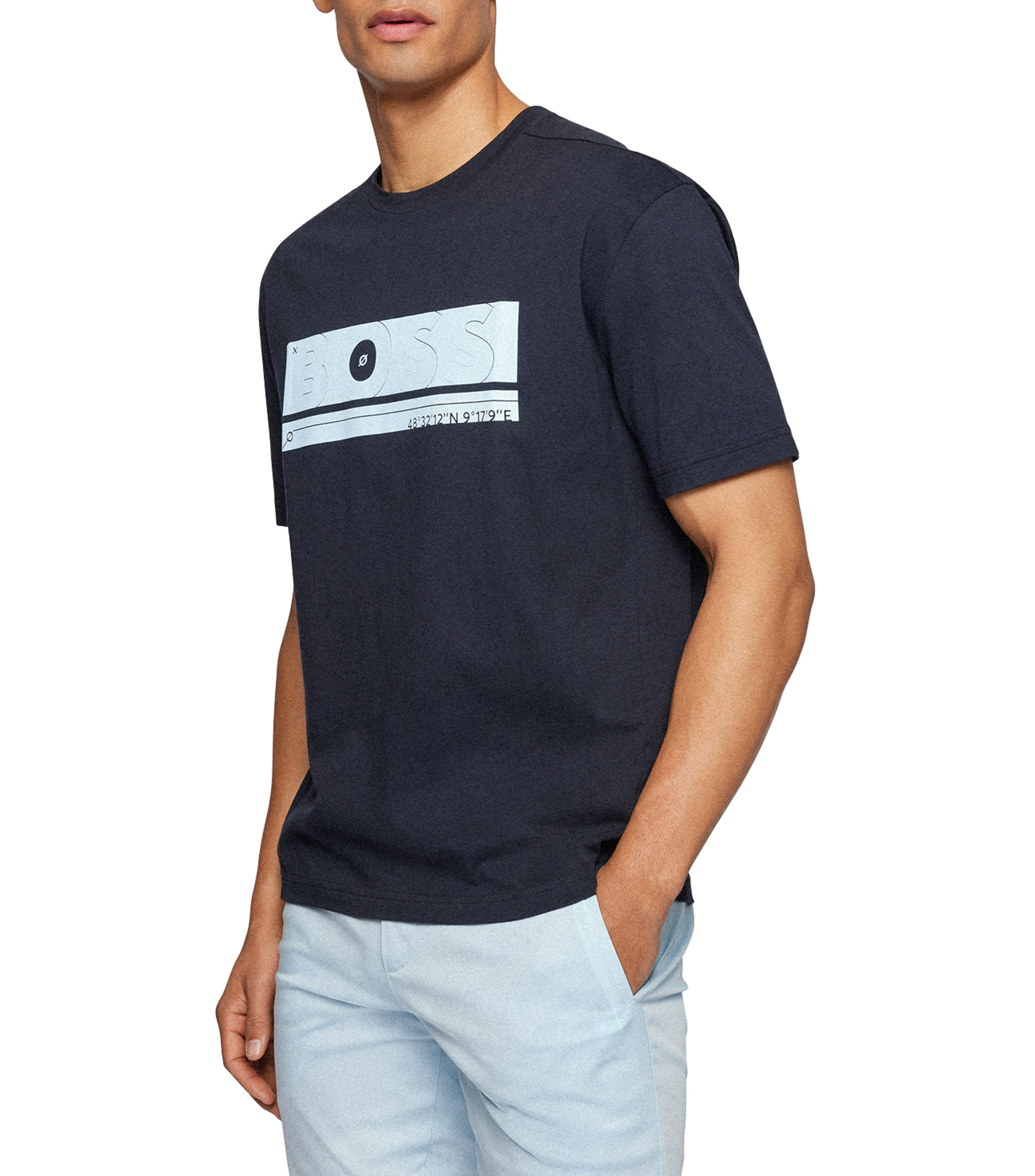 Boss Camiseta para Hombre con Logotipo Curvado Curvado en algodón orgánico, Azul al Aire Libre, M
