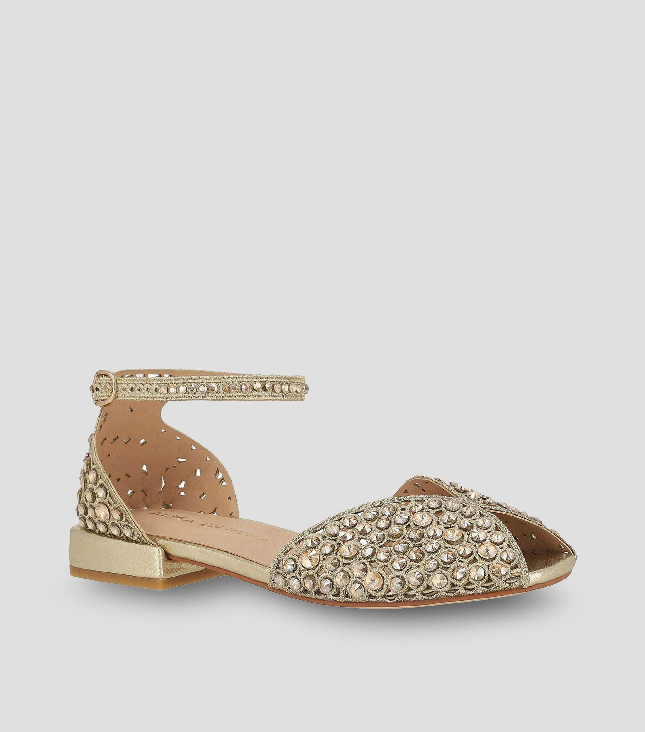Flats en piel con tacón media luna con pedrería Mujer