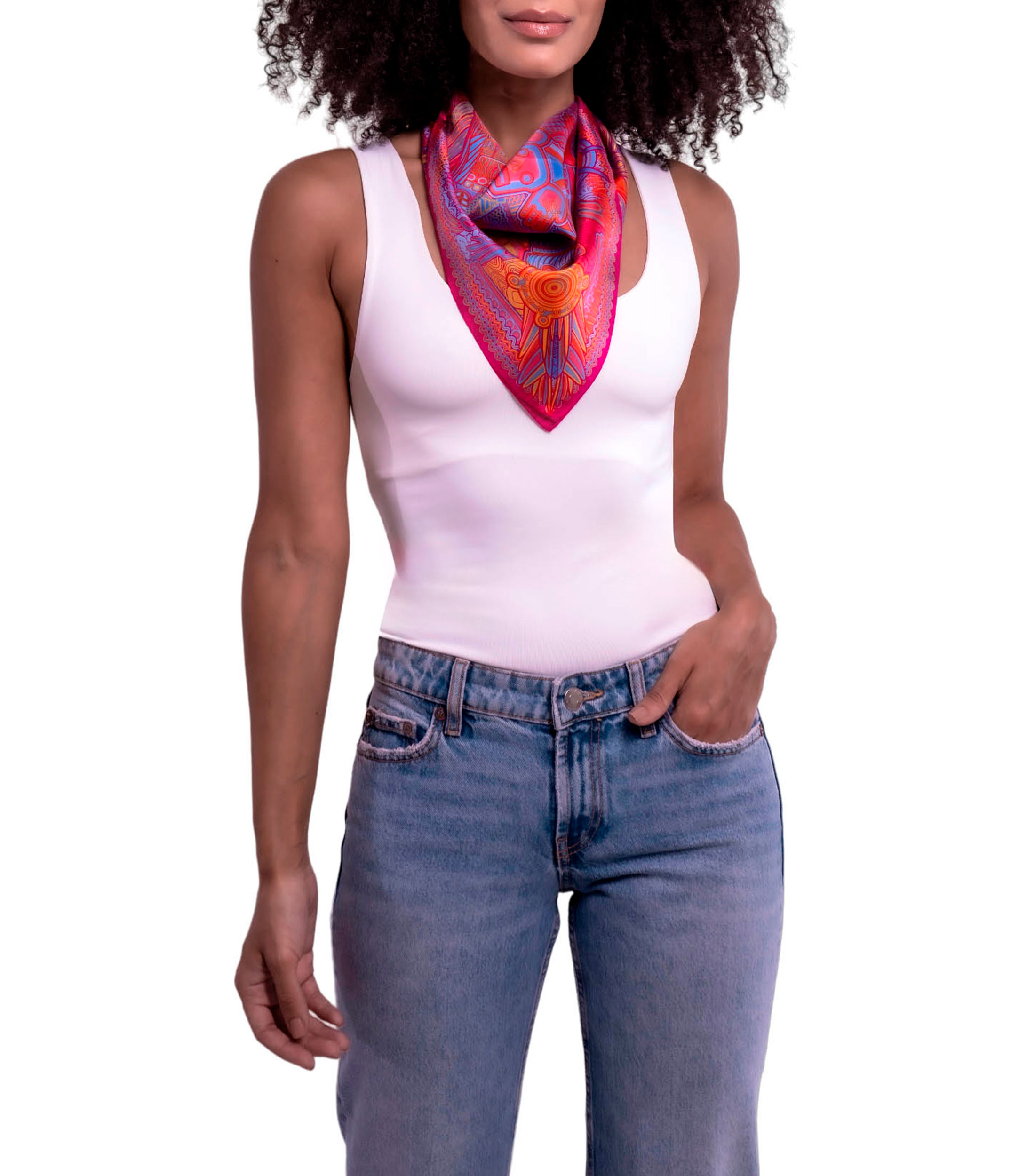Mascada de seda fucsia estampada Mujer